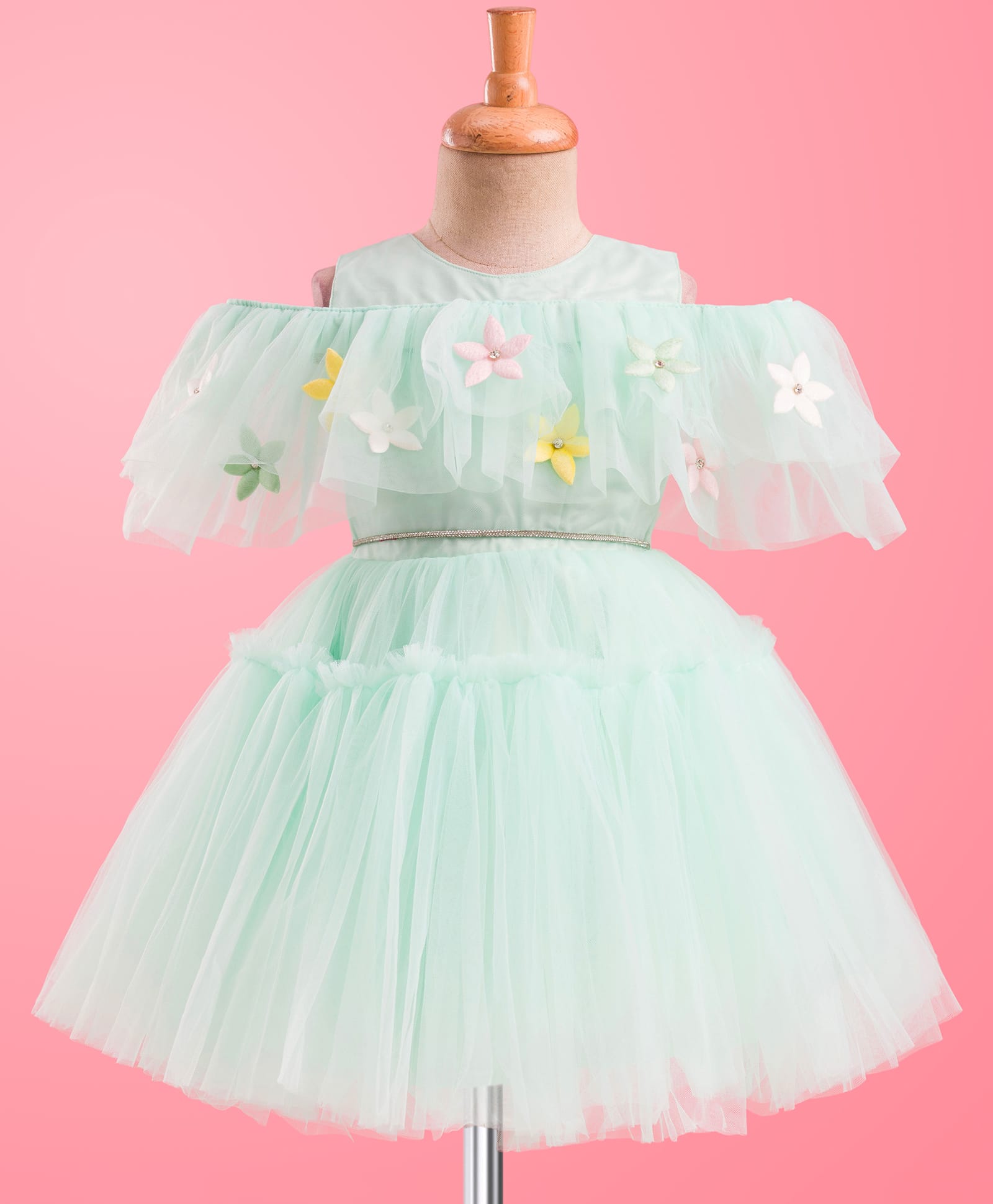 Enfance Cold Shoulder Stone Embellished Floral Applique Detailed Knee Length Dress - Light Green-picture-4