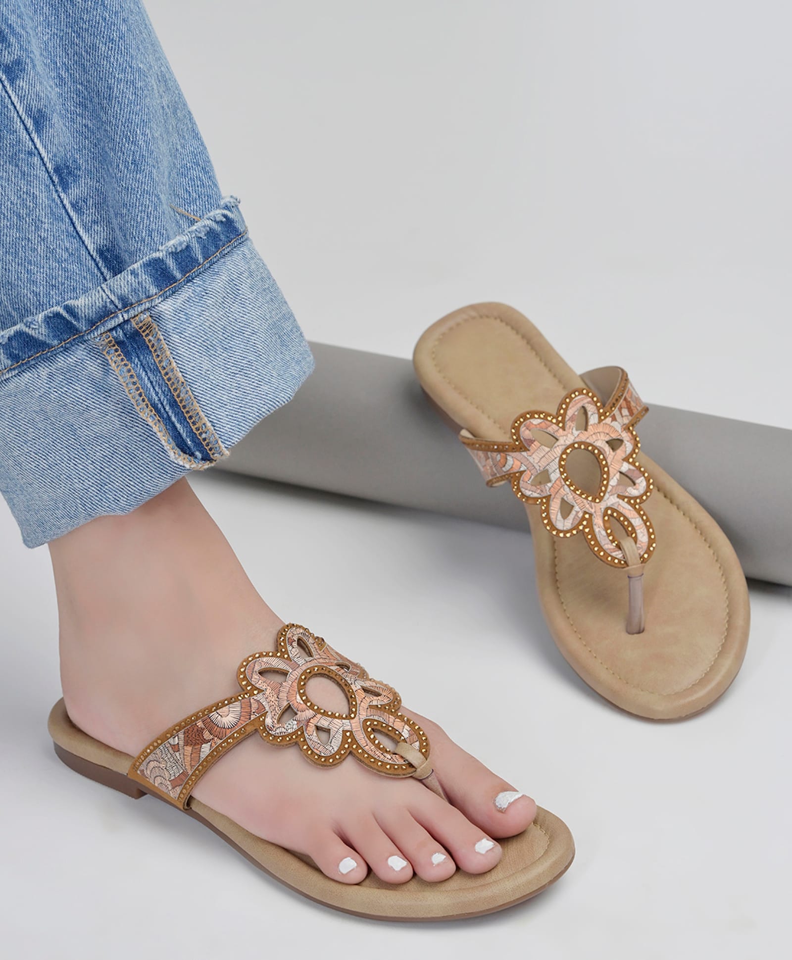 NZS Floral Detailed Stones Embellished Sandals - Brown-picture-24