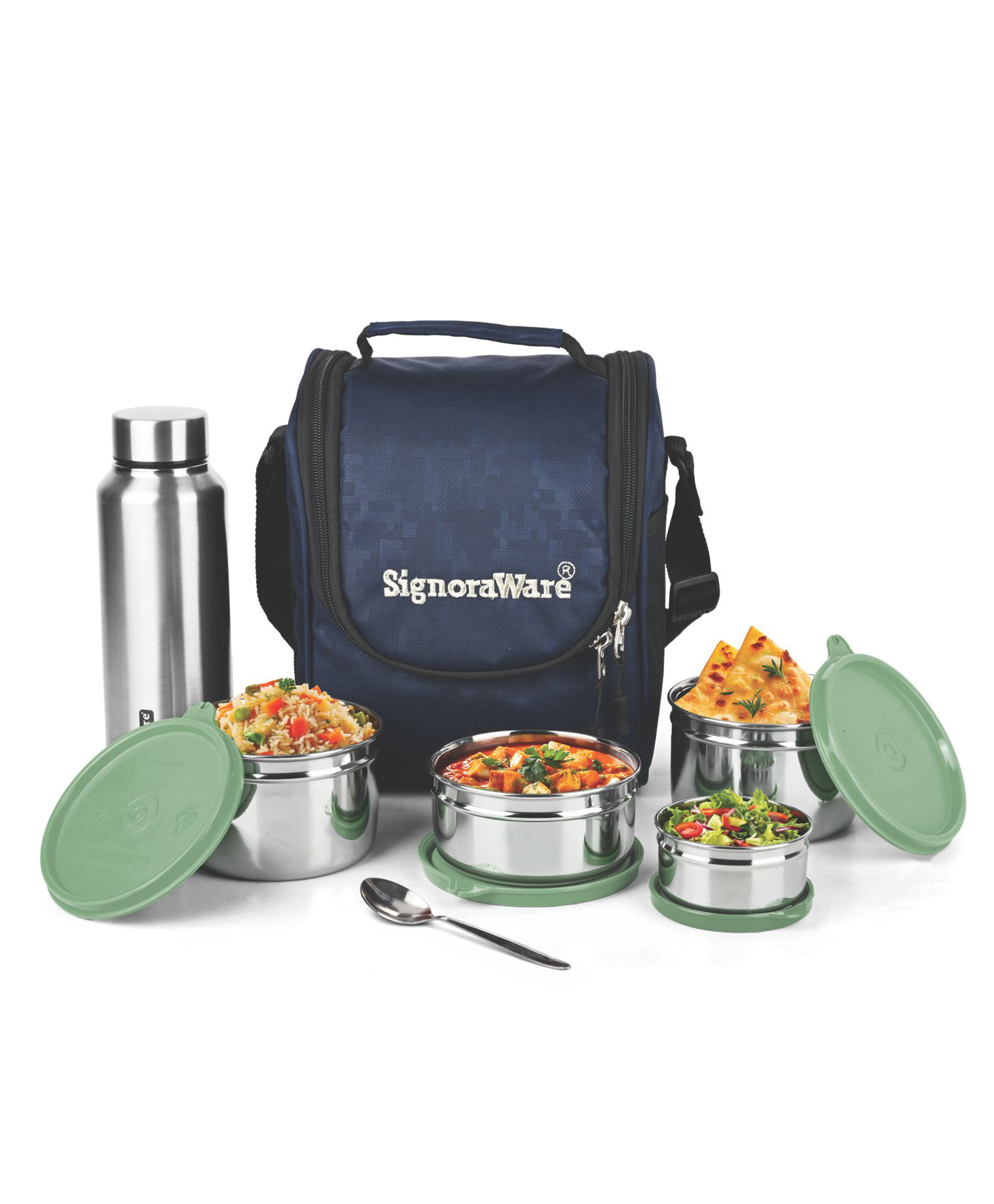 SignoraWare Premium Stainless Steel Lunch Box | Airtight & Leakproof | Microwave Safe | Ideal for Office, Picnic, Travel & Outdoor Use (500ml x 2 + 350ml + 140ml + 750ml | Set of 5 | Egreen)-image-31