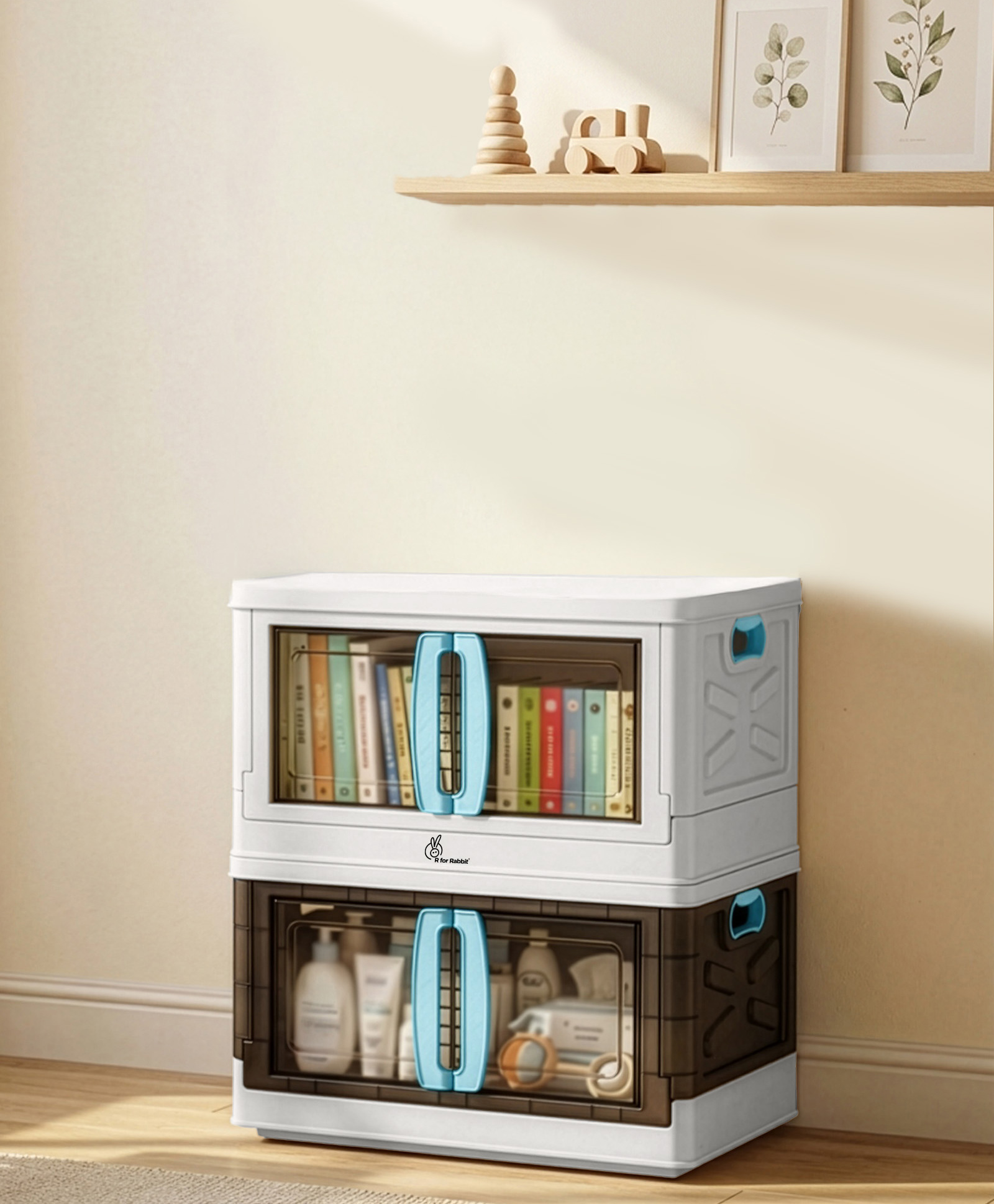 R for Rabbit Kiddo Korner Pod Kids Organizer Stackable Toy Storage Box with Wheels Set Of 2 - White & Blue-picture-47