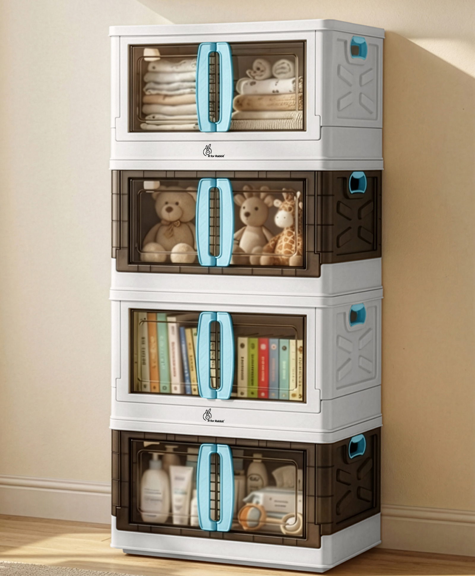 R for Rabbit Kiddo Korner Pod Kids Organizer | 20L Modular Stackable Toy Storage Box with Wheels | Space-Saver Cabinet Bins with Door, Plastic | Easy Plug N Play Installation (Set of 4, White Blue)-picture-18