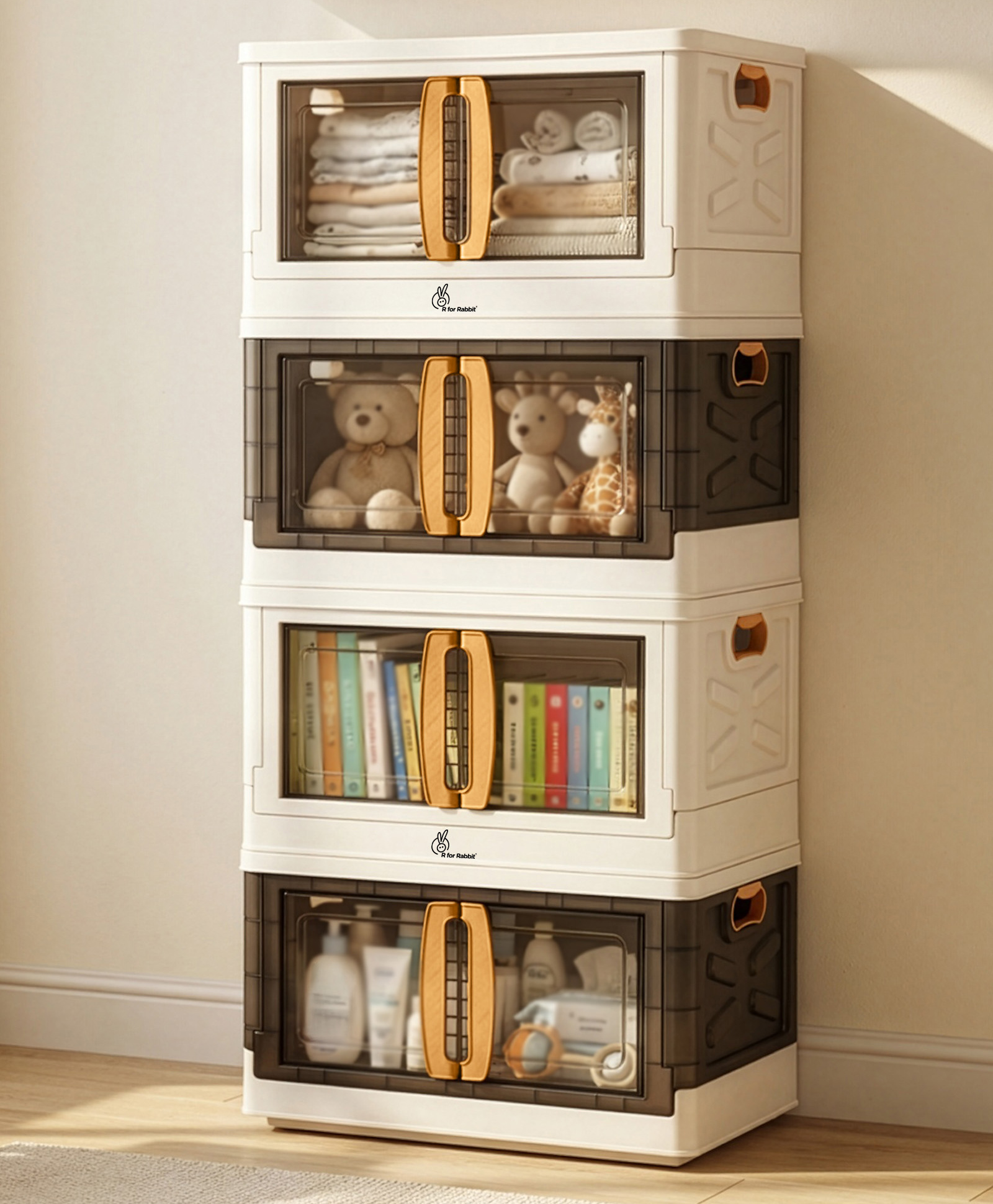 R for Rabbit Kiddo Korner Pod Kids Organizer | 20L Modular Stackable Toy Storage Box with Wheels | Space-Saver Cabinet Bins with Door, Plastic | Easy Plug N Play Installation (Set of 4, Beige Brown)