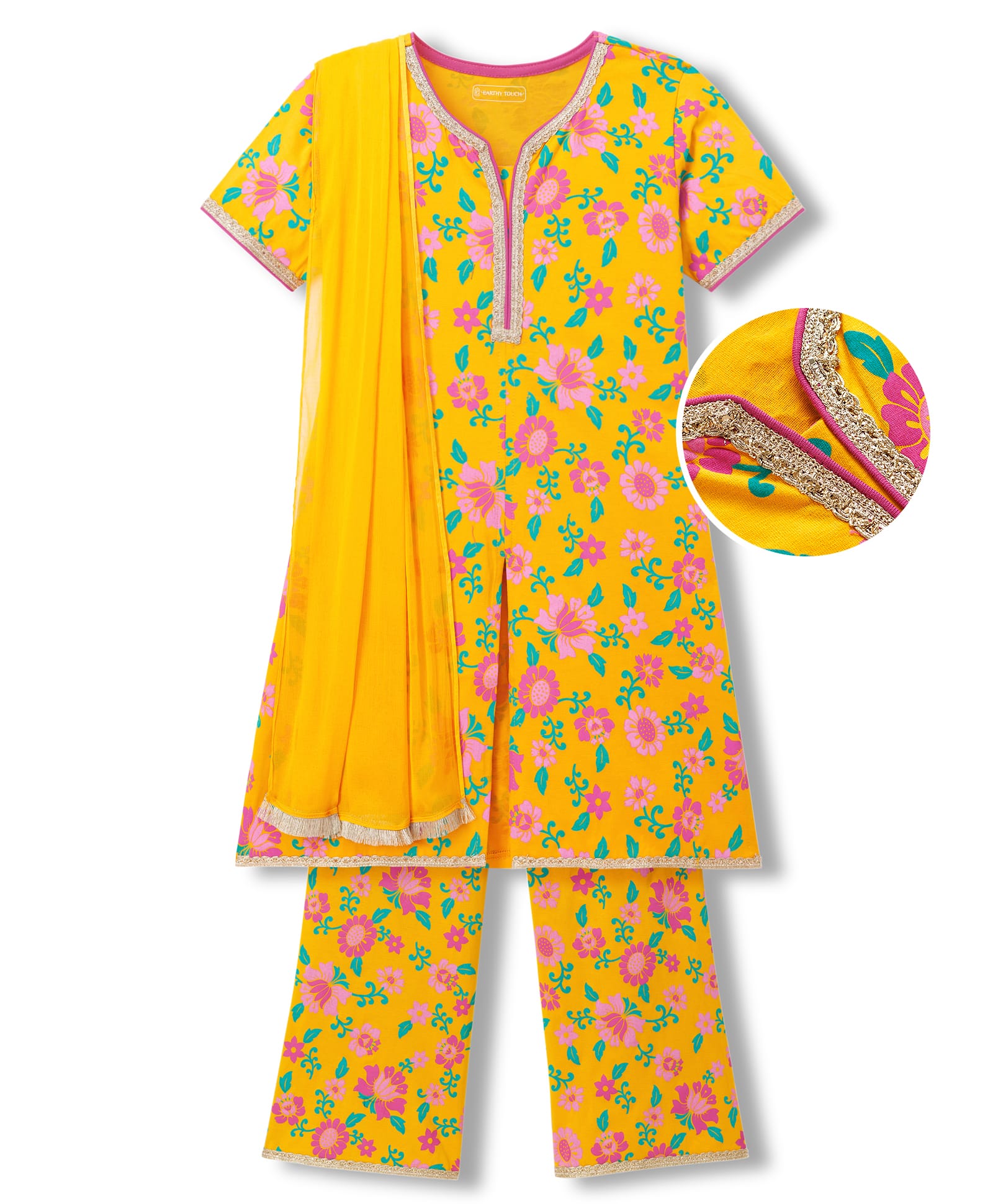 EARTHY TOUCH Cotton Jersey Knit Half Sleeves Kurta Salwar Set With Floral Print & Dupatta - Yellow