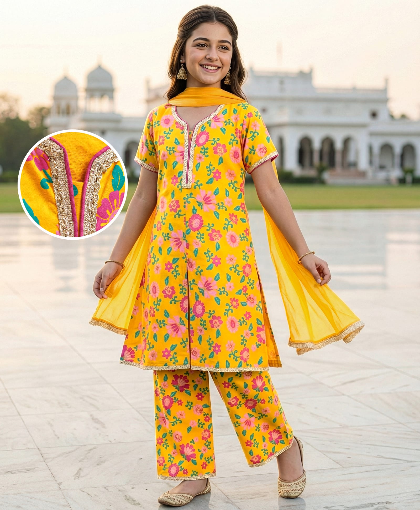 EARTHY TOUCH Cotton Jersey Knit Half Sleeves Kurta Salwar Set With Floral Print & Dupatta - Yellow-image-36