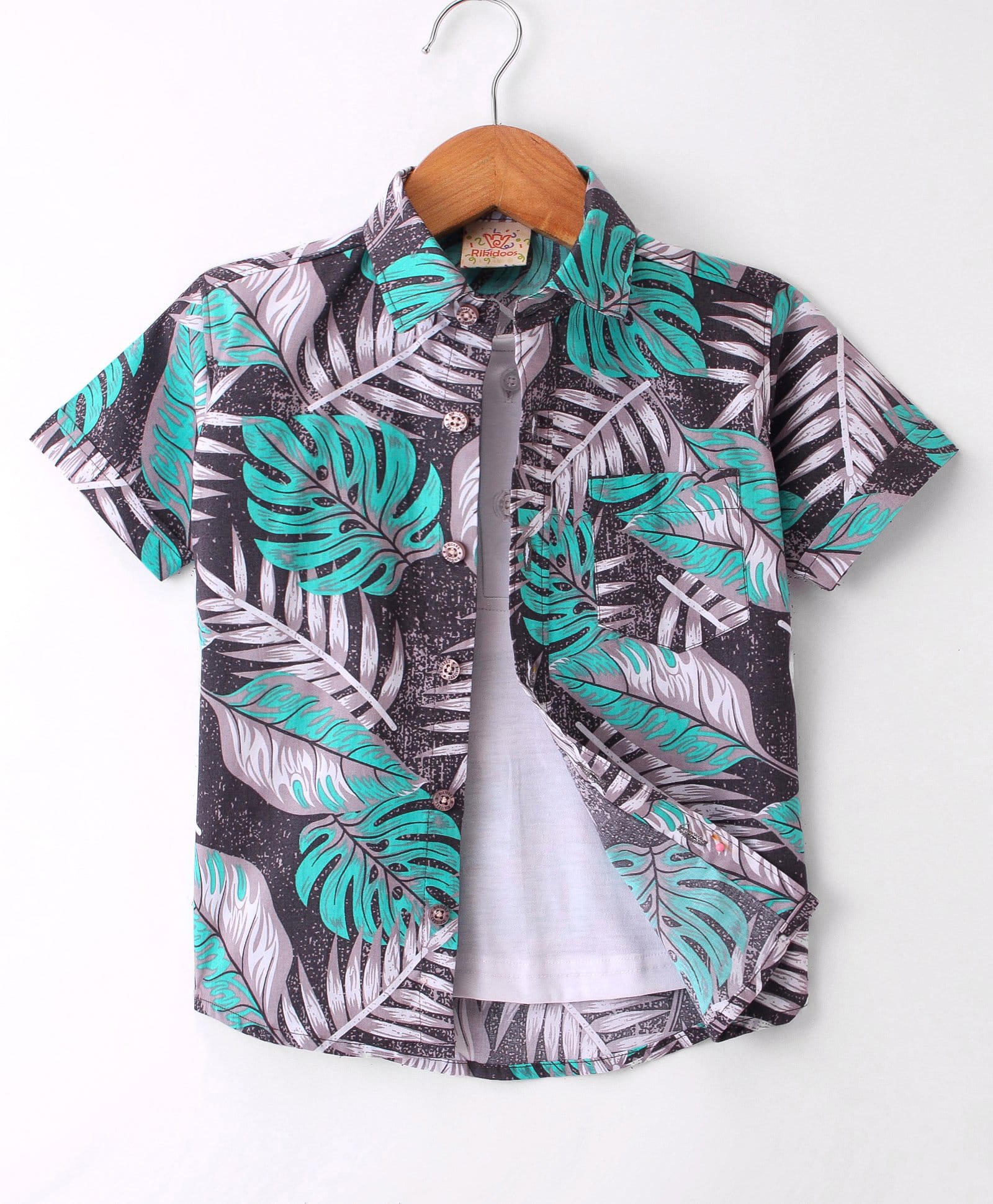 Rikidoos Cotton Woven Half Sleeves Shirt With Leaf Print & Attached Inner Tee - Grey-picture-22