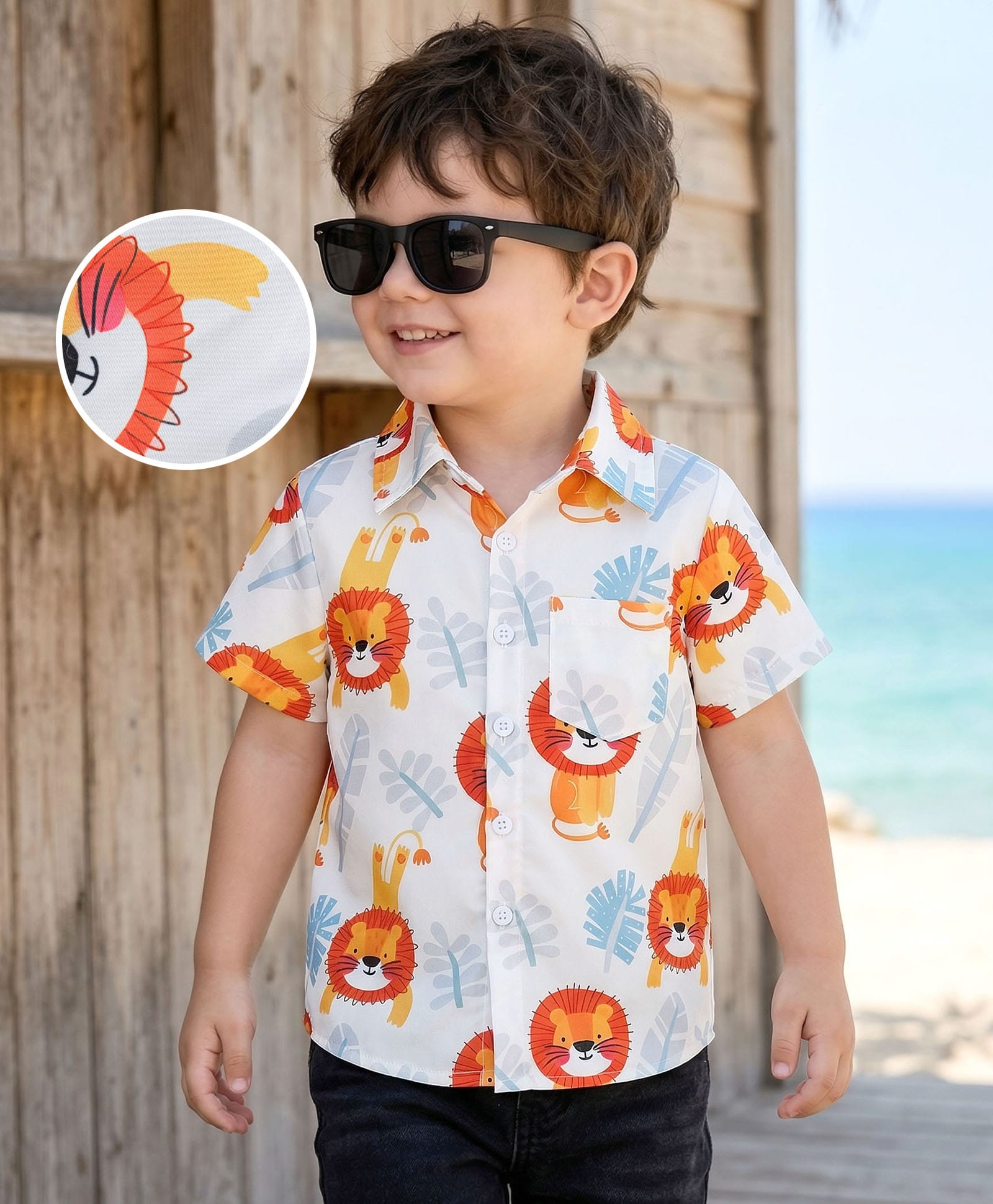 Mark & Mia Woven Half Sleeves Animal Printed Shirt with Pocket Detailing- White-image-38