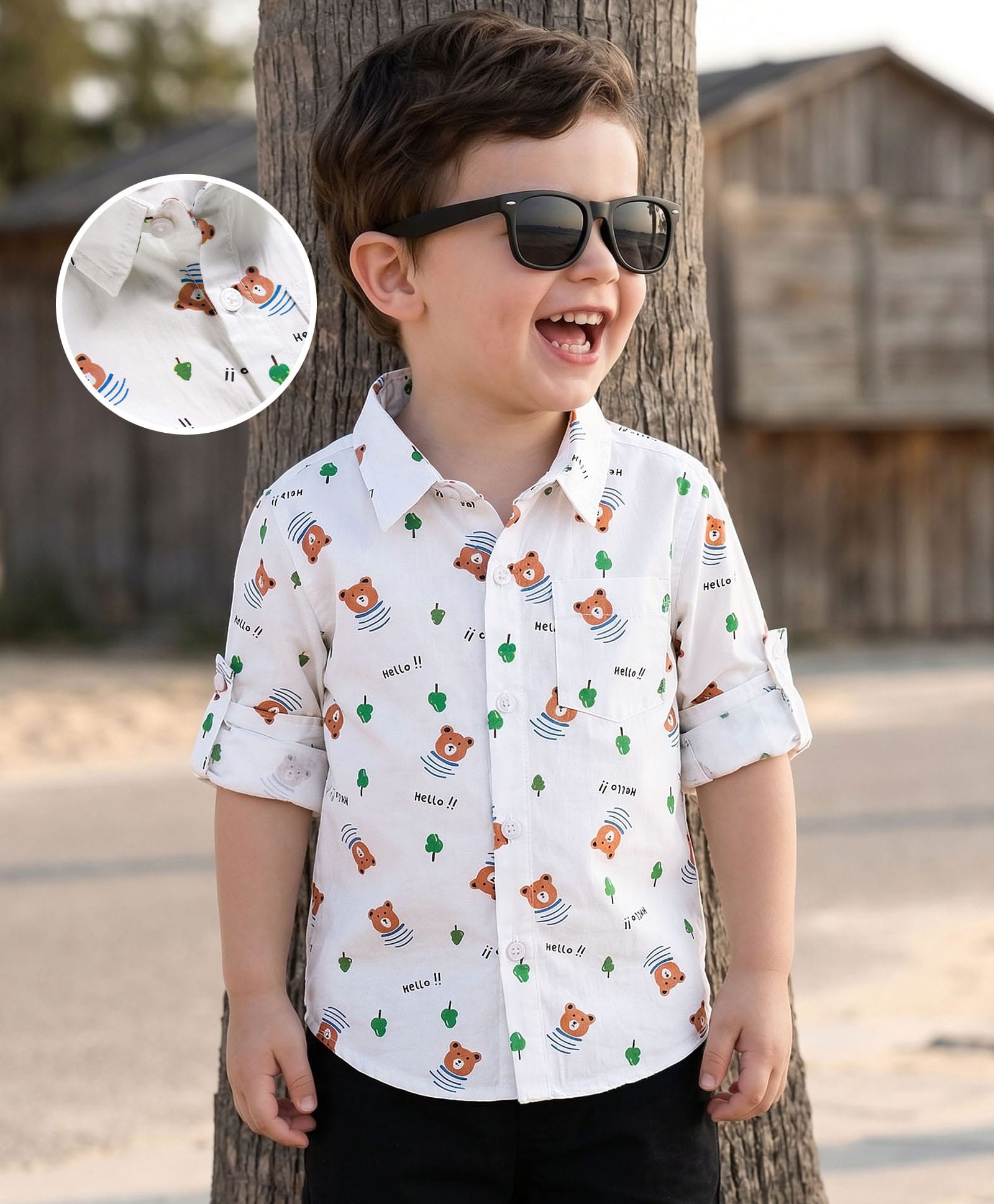 Mark & Mia Cotton Woven Full Sleeves Oversize Shirt With Bear & Tree Print & Pocket Detailing - White-image-21