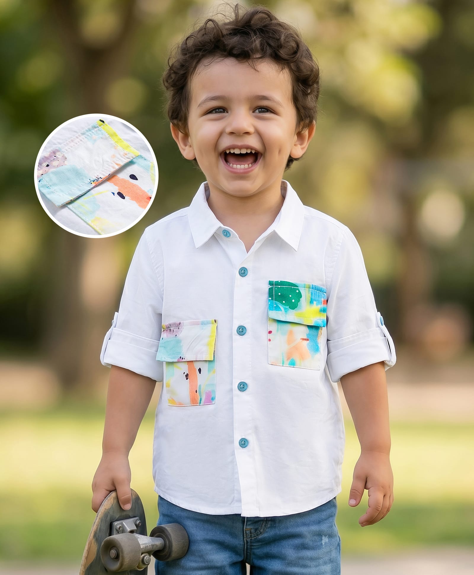 Mark & Mia Woven Full Sleeves Solid Color Shirt with Printed Pocket Detailing - White-picture-34