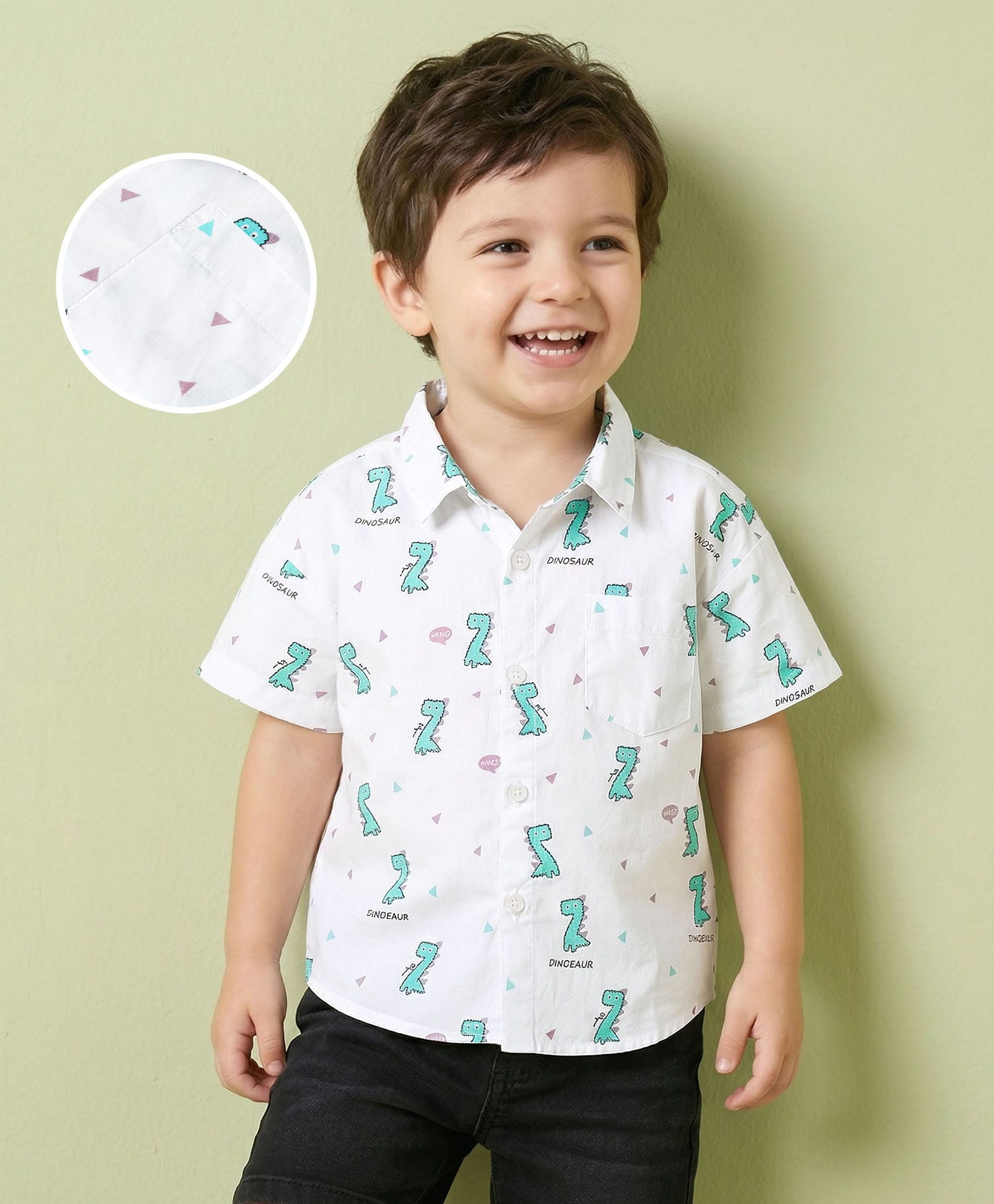 Mark & Mia 100% Cotton Woven Half Sleeves Dino Printed Shirt - White-picture-18