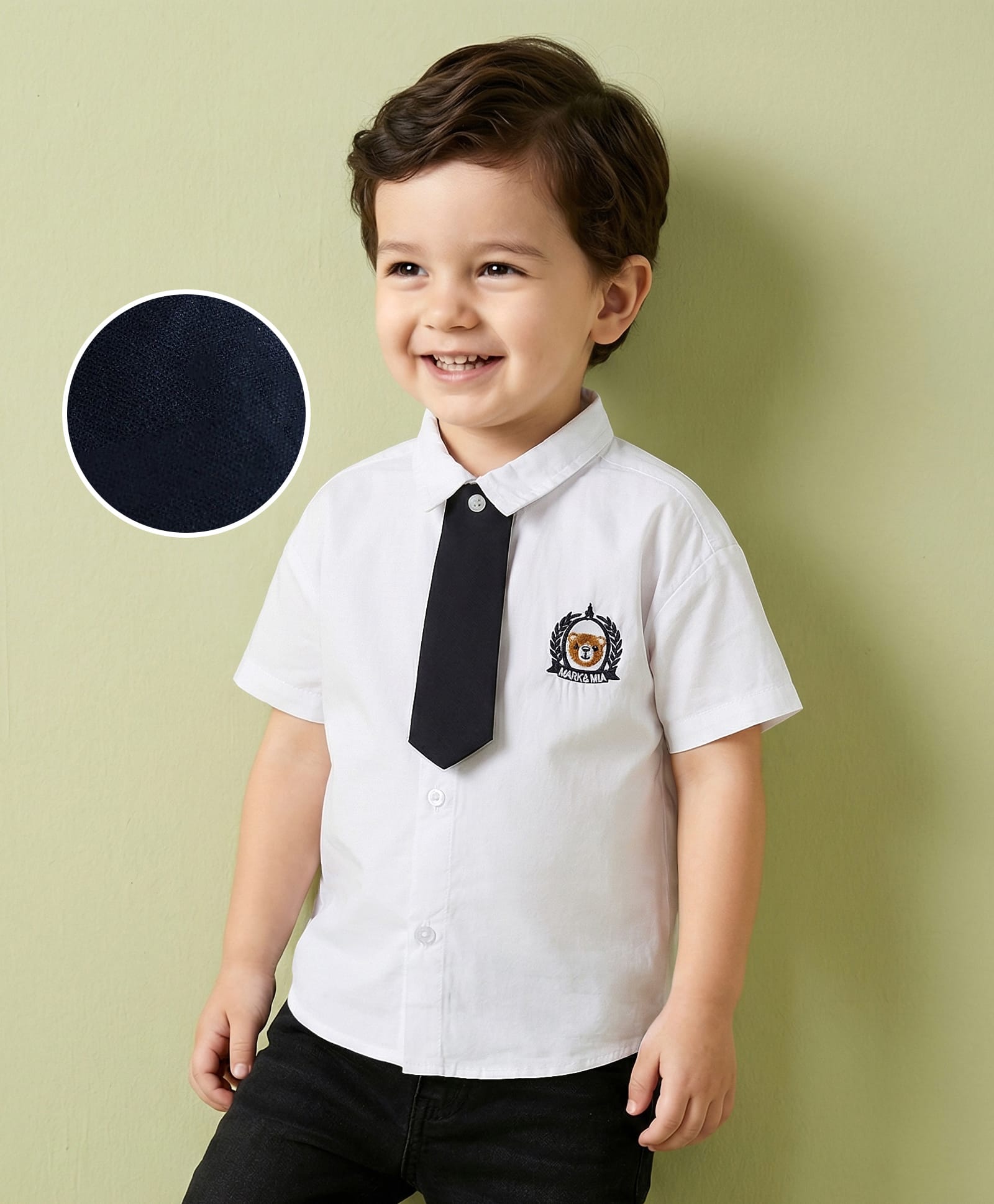 Mark & Mia Woven Half Sleeves Solid Shirt with Tie & Brand Embroidery - White-image-0