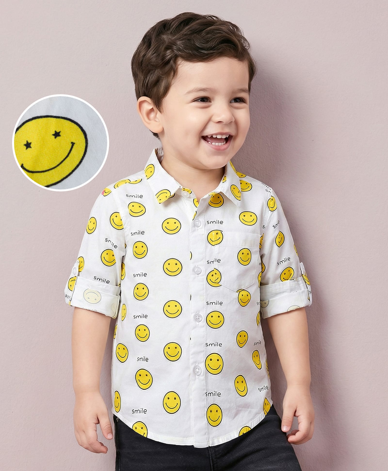 Mark & Mia 100% Cotton Woven Full Sleeves Smiley Printed Shirt With Pocket - White-picture-12