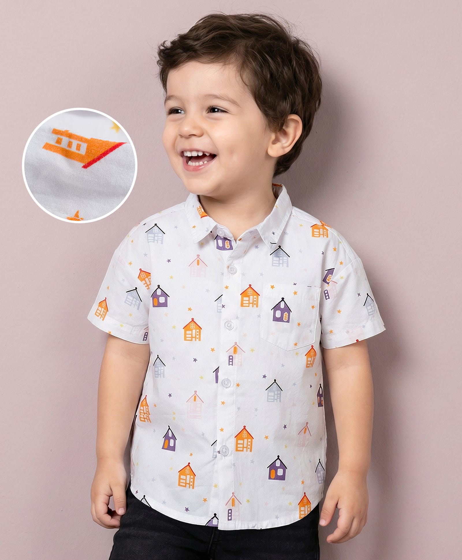 Mark & Mia 100% Cotton Woven Half Sleeves House Printed Oversize Shirt - White-picture-20