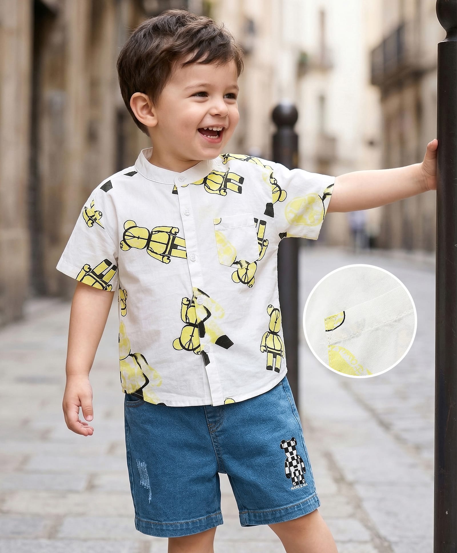 Mark & Mia Cotton Knit Half Sleeves Oversized Shirt & Denim Shorts Set Bear Print & Pocket Detailing - Multicolor-image-31