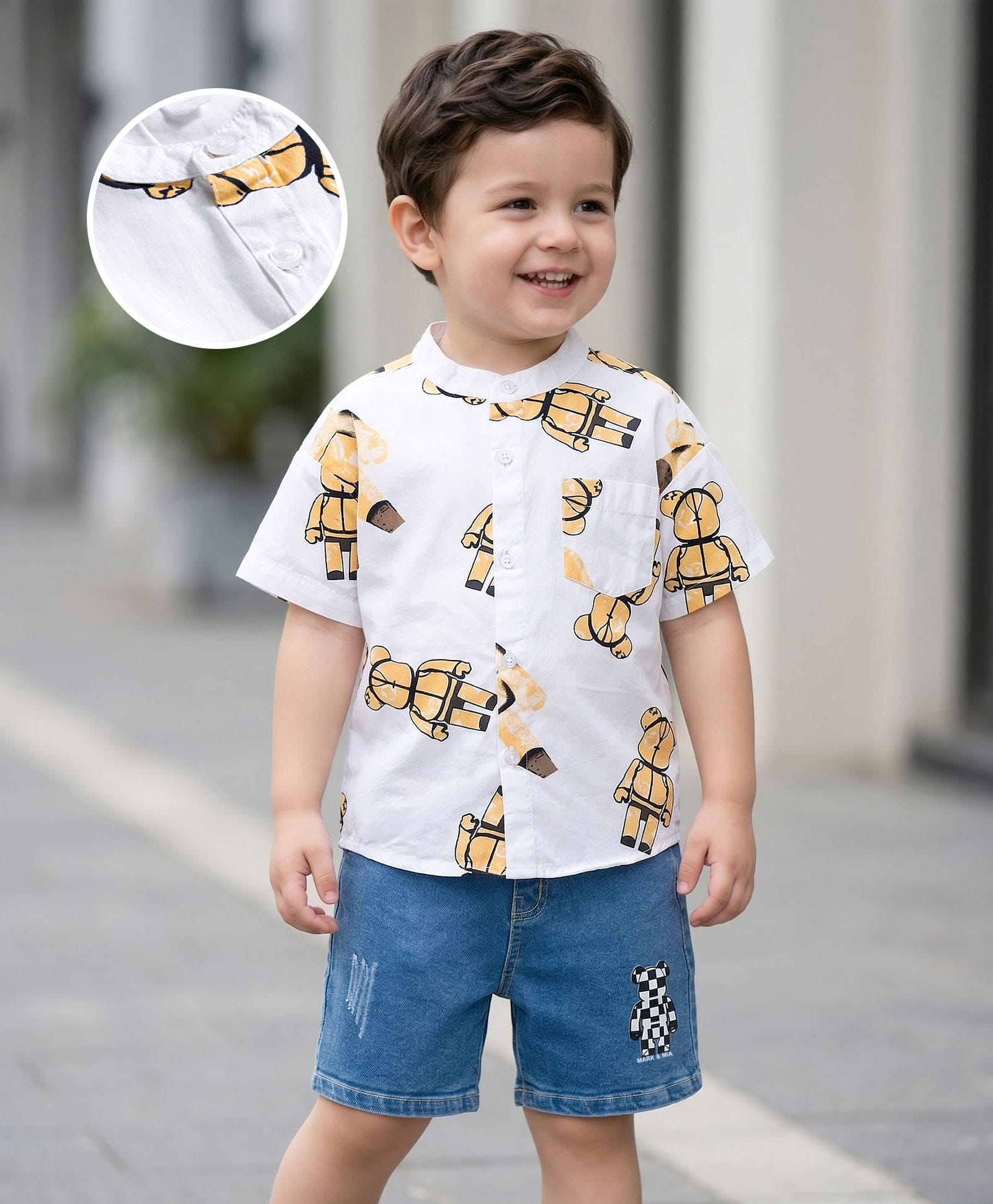 Mark & Mia Cotton Lycra Knit Half Sleeves Oversized Shirt & Denim Shorts Set with Bear Print - Multicolor-image-25