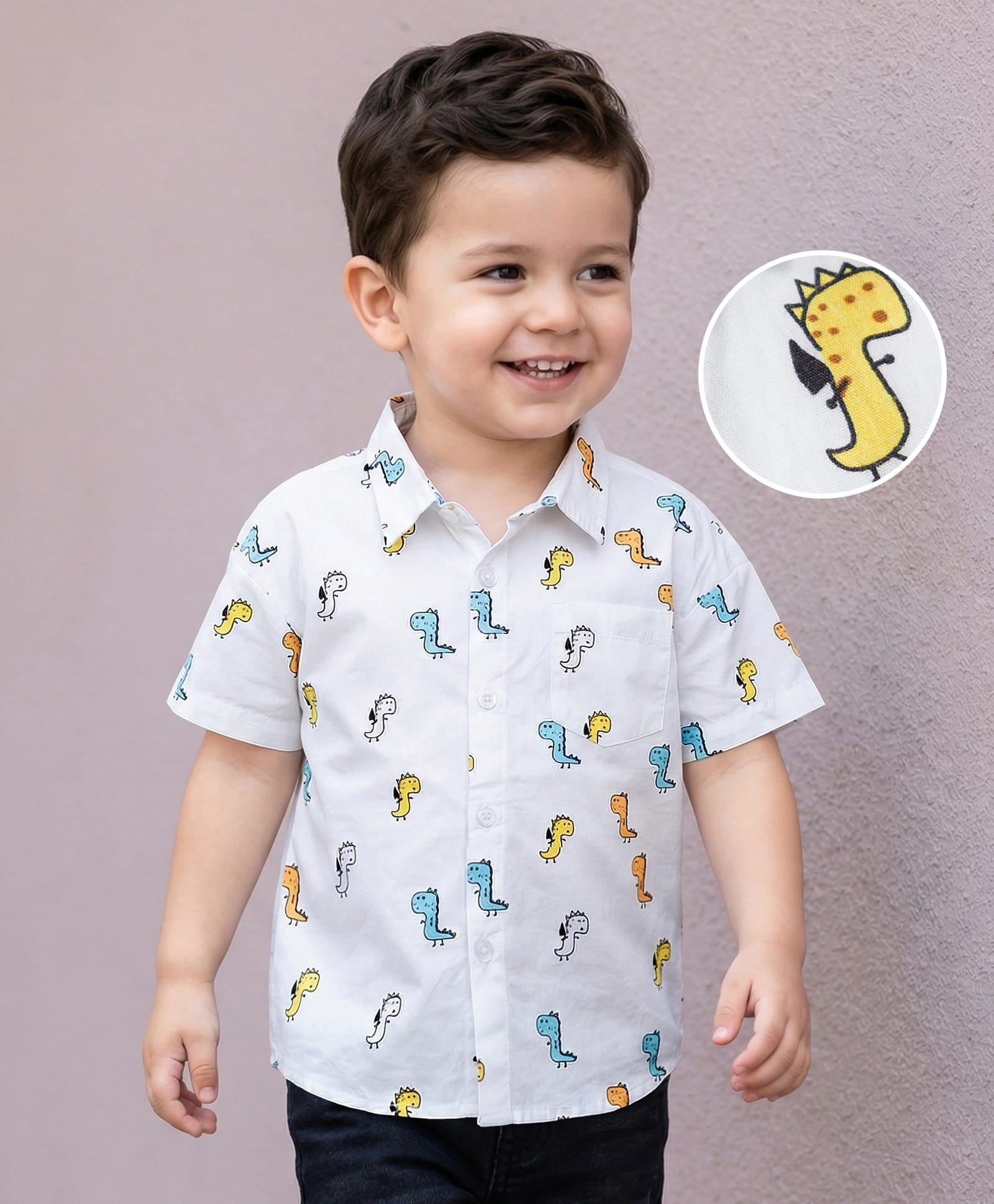 Mark & Mia 100% Cotton Half Sleeves Dino Printed Oversize Shirt With Pocket - White-picture-29