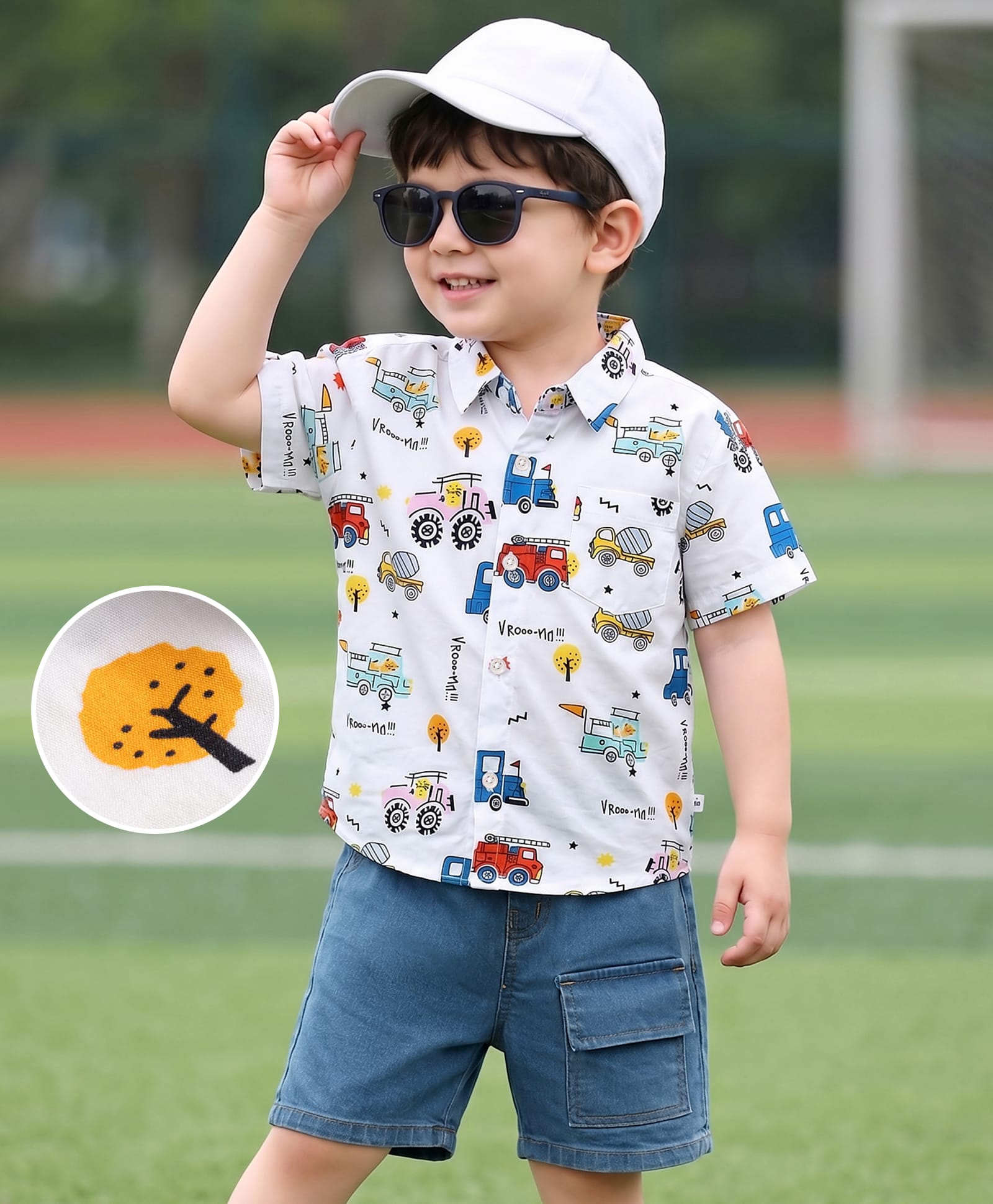 Mark & Mia Cotton Knit Half Sleeves Oversized Shirt & Denim Cotton Lycra Shorts Set with Vehicle Print - Multicolor-image-35