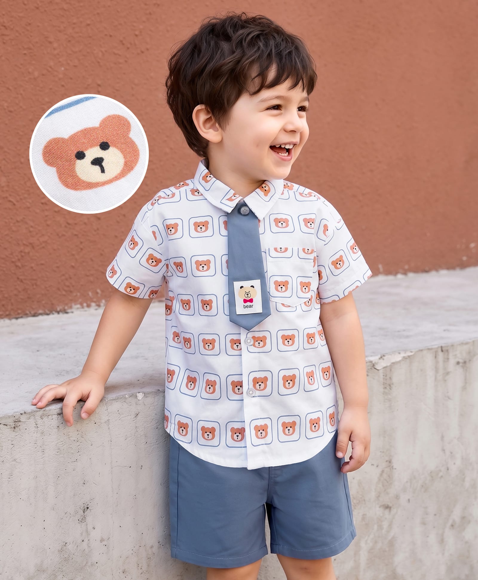 Mark & Mia Cotton Knit Half Sleeves Oversized Shirt & Lycra Shorts Set With Teddy Bear Print & Tie Applique - Multicolor-image-18