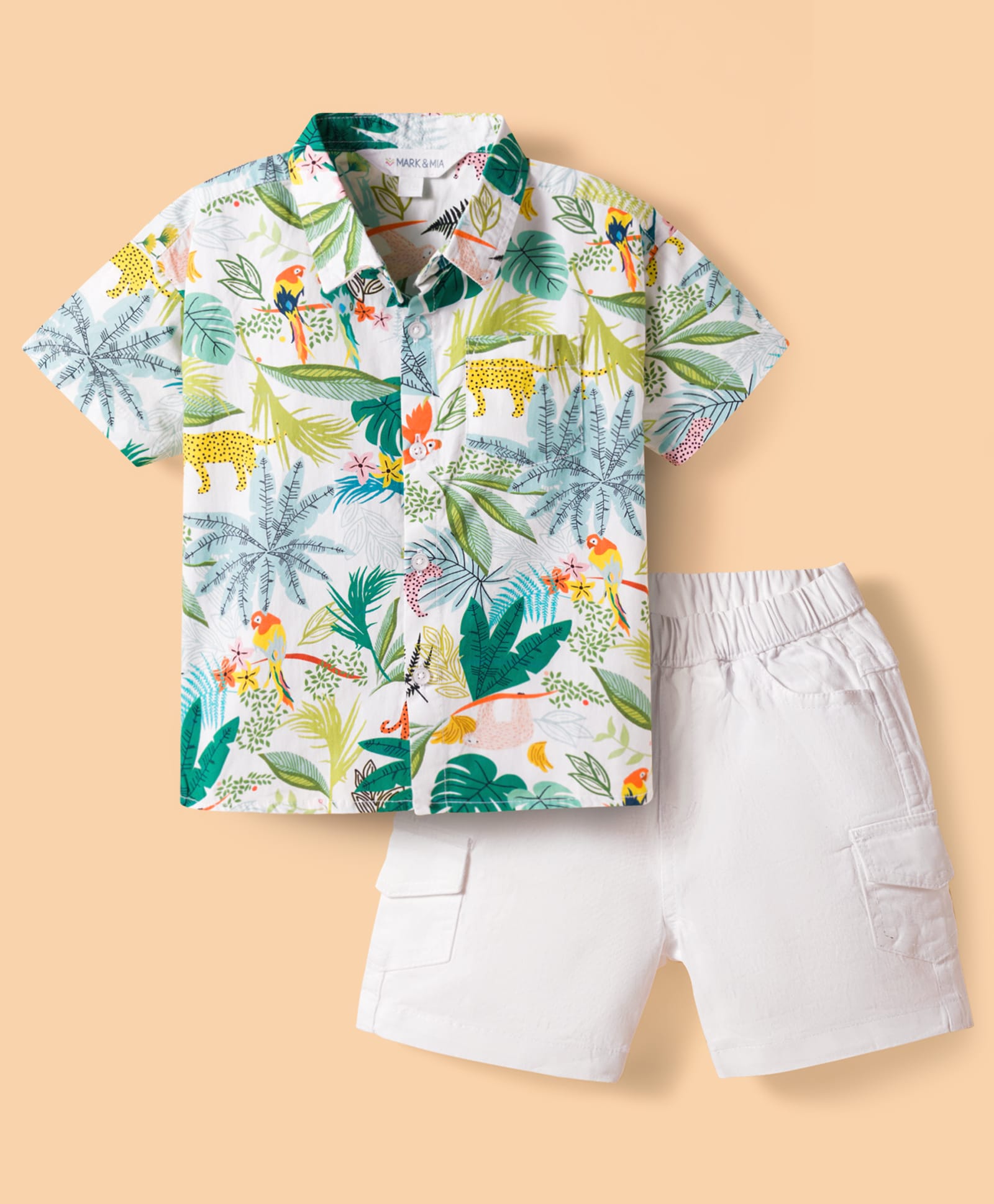 Mark & Mia Cotton Lycra Knit Half Sleeves Oversized Shirt & Shorts Set with Jungle Theme Print - Multicolor