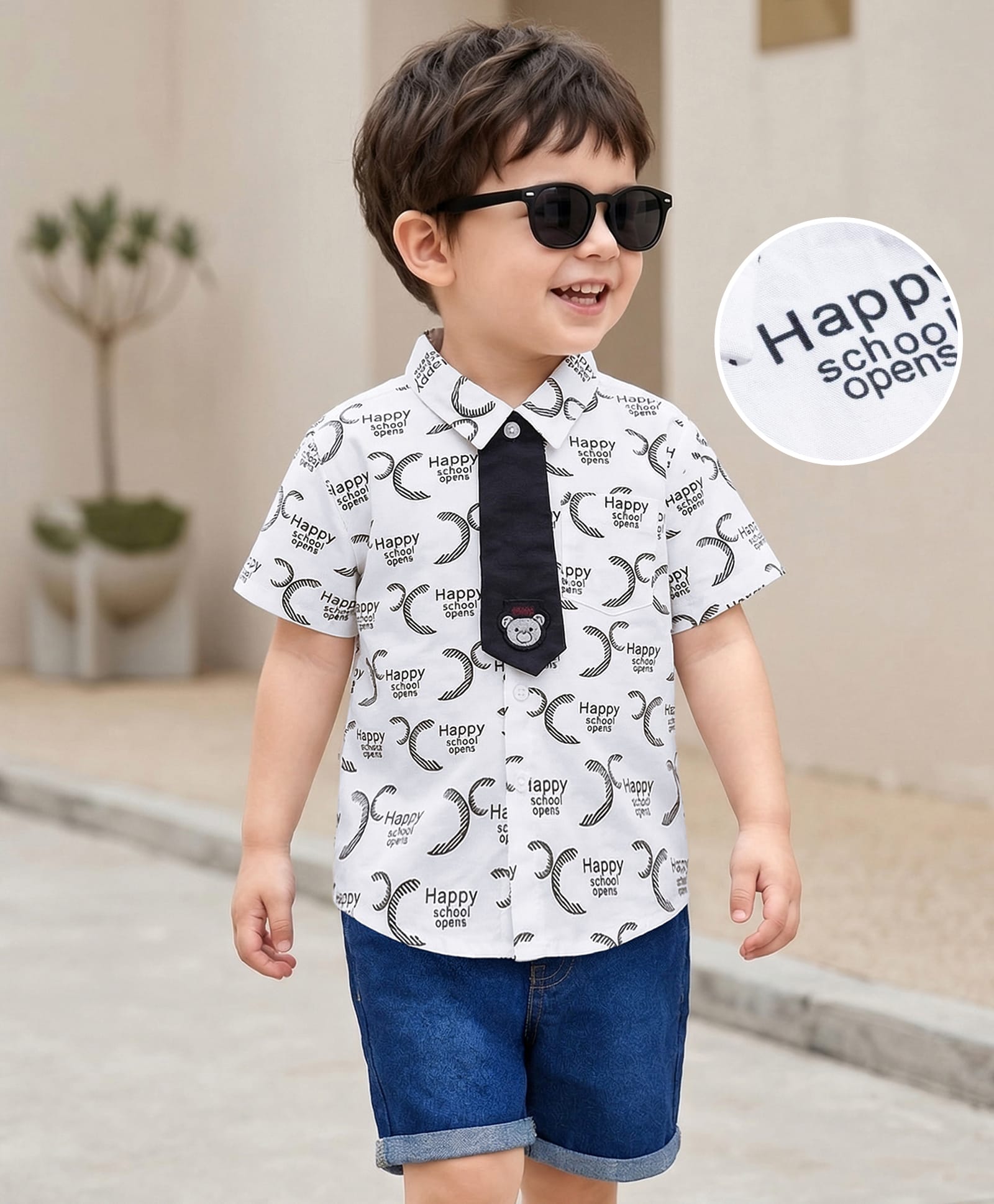 Mark & Mia Cotton Lycra Knit Half Sleeves Oversized Shirt & Denim Shorts Set with Tie & Happy School Opening Print - Multicolor-image-26