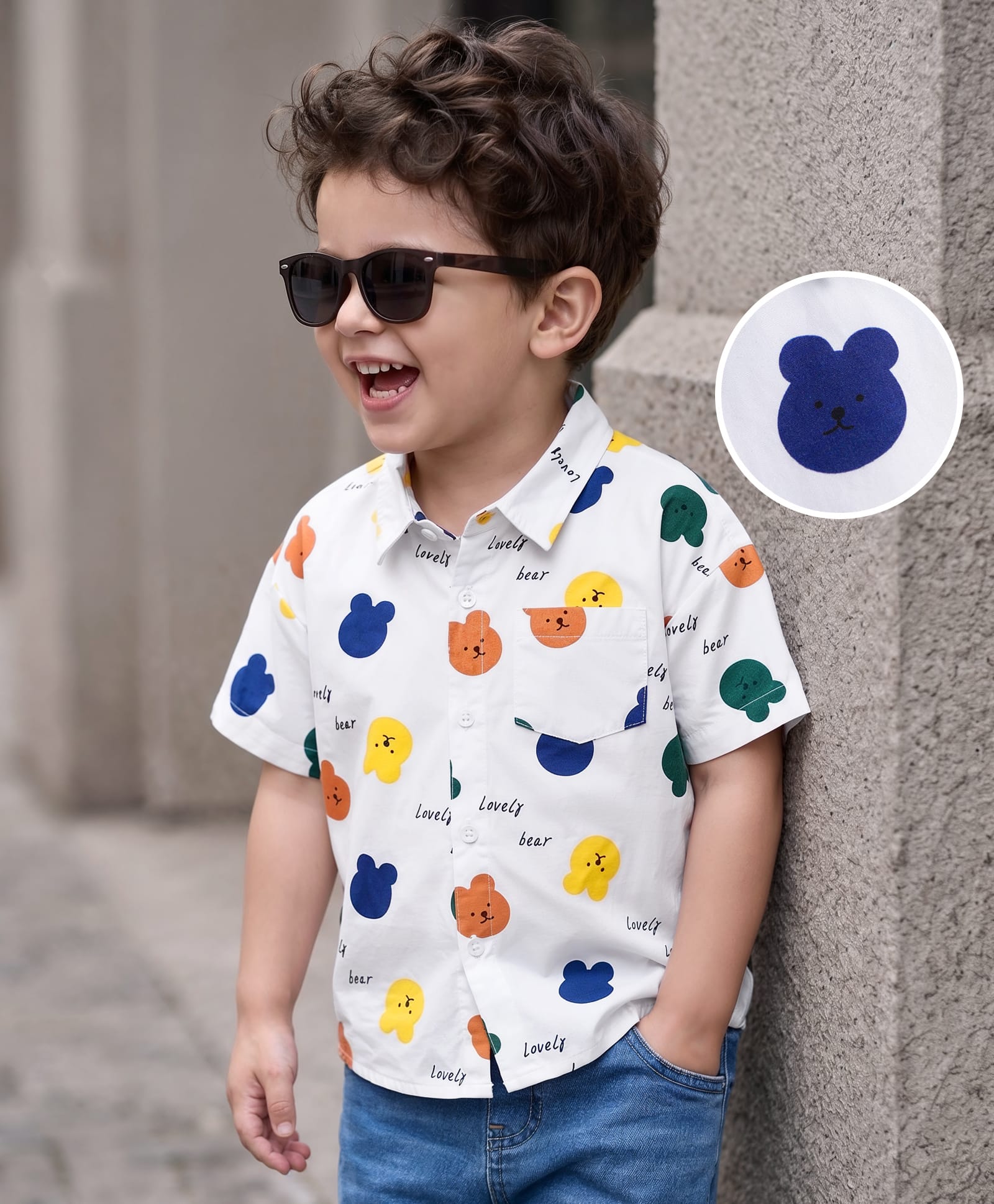 Mark & Mia Woven Half Sleeves Bear Printed Oversized Shirt with Pocket Detailing - White-image-18
