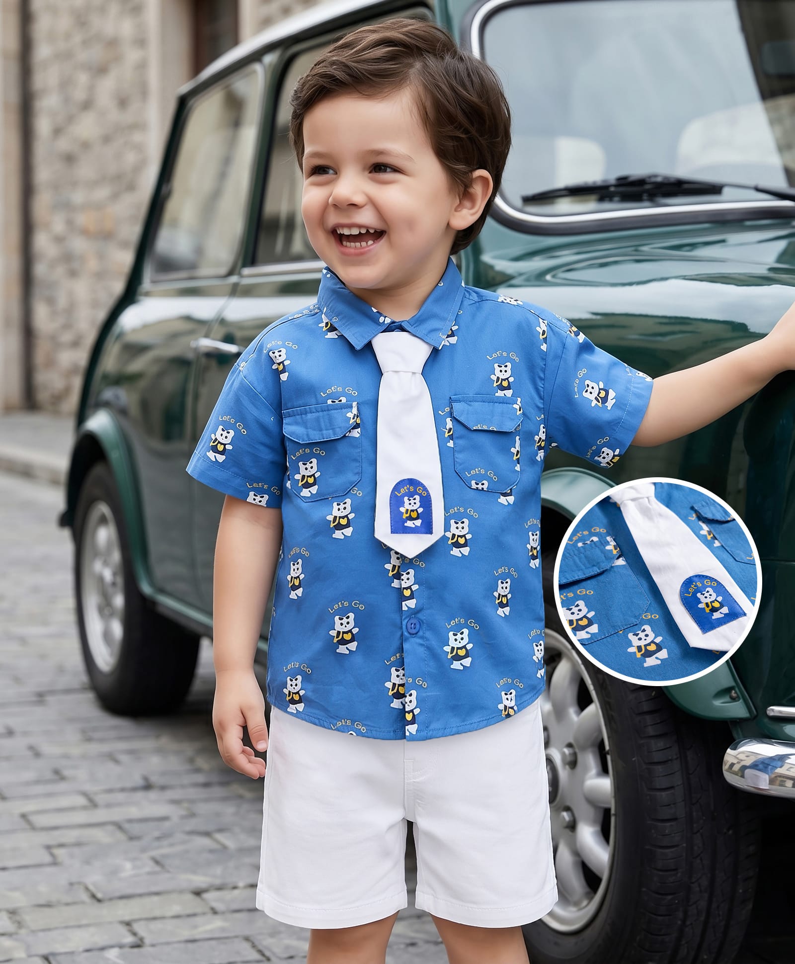 Mark & Mia Cotton Knit Half Sleeves Shirt & Cotton Lycra Shorts Set with Teddy Print & Tie - Multicolor-image-2