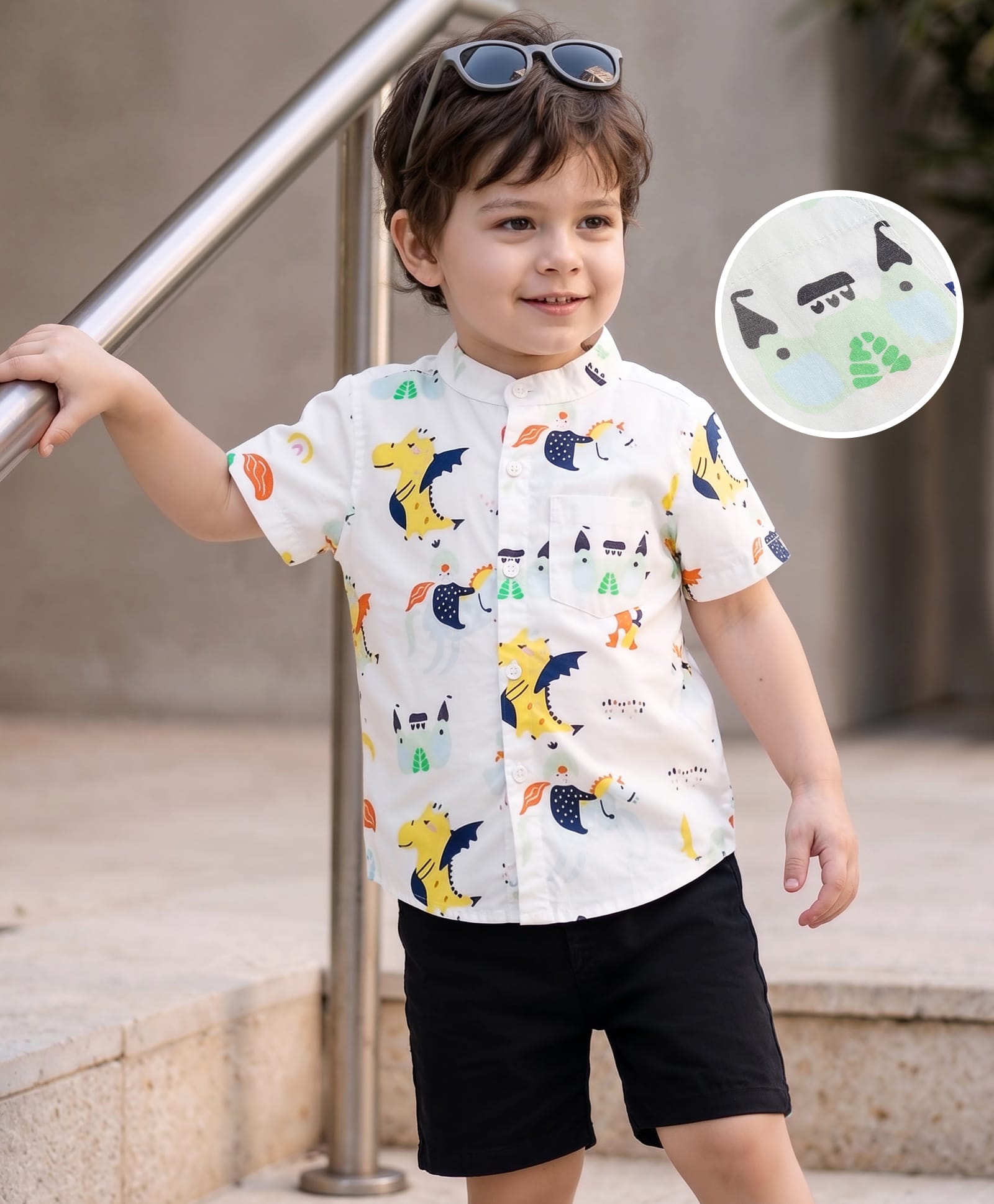 Mark & Mia Cotton Knit Half Sleeves Oversized Shirt & Shorts Set with Dragon Print & Pocket Detailing - Multicolor-image-2