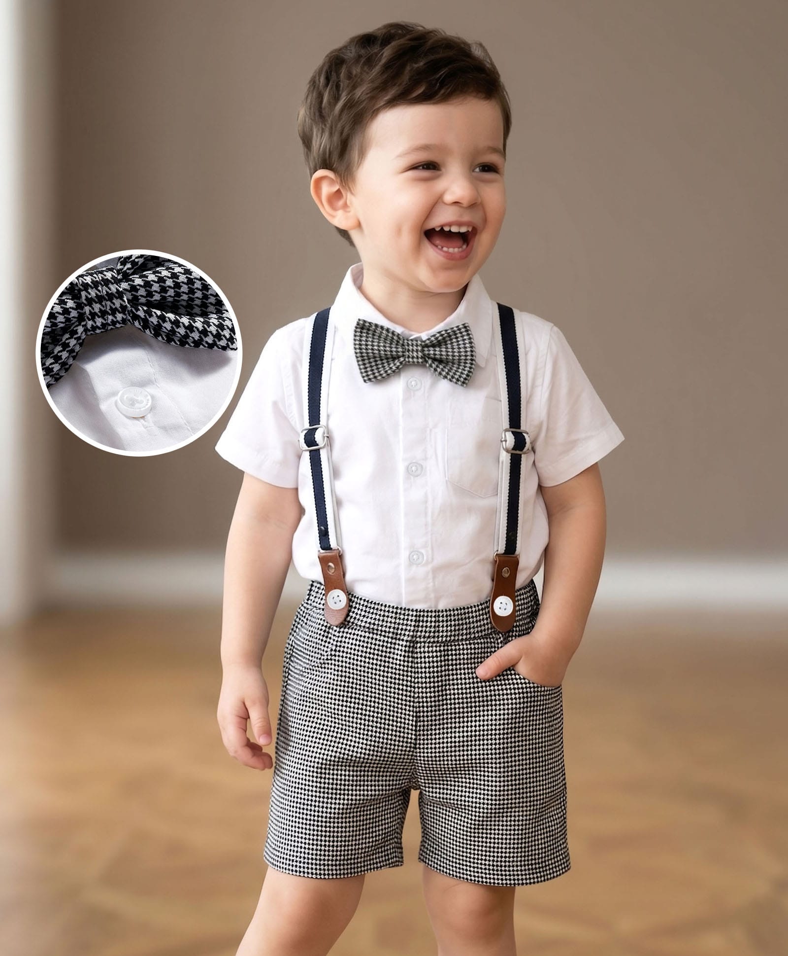 Mark & Mia Cotton Lycra Woven Half Sleeves Solid Party Shirt & Shorts Set With Bow & Suspender - Multicolor-picture-12