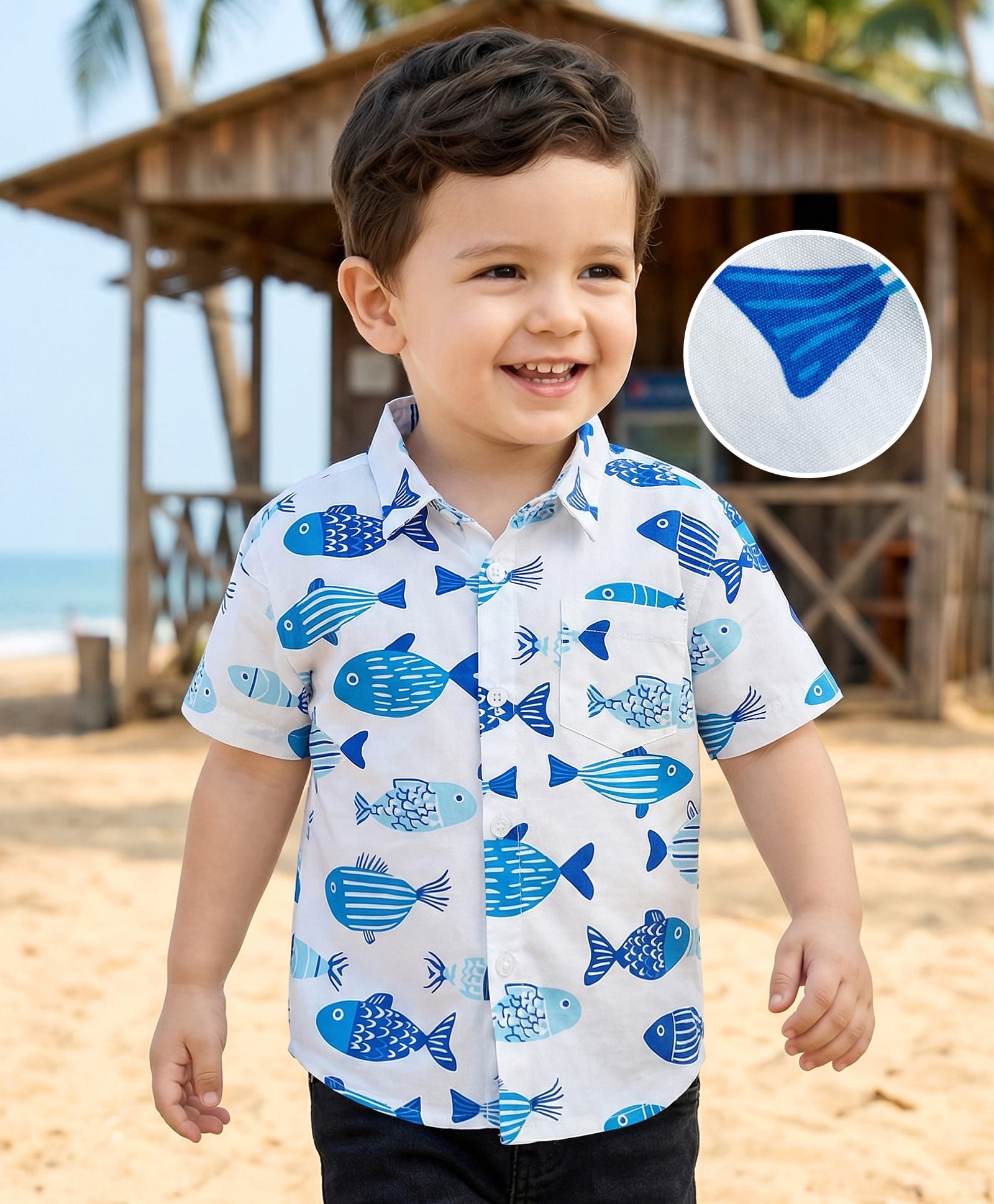 Mark & Mia 100% Cotton Woven Half Sleeves Sea Life Printed Oversize Shirt - White-picture-17