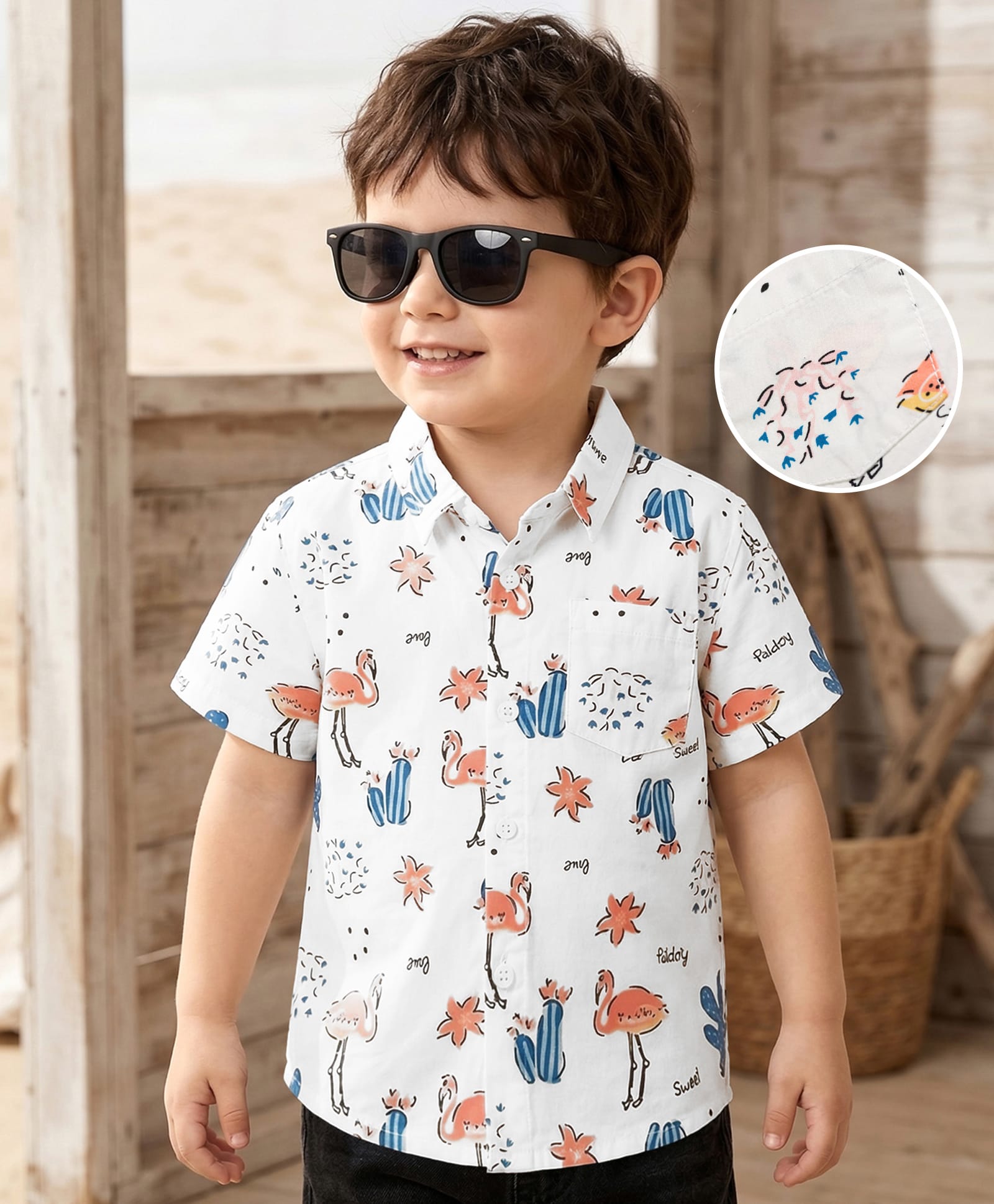 Mark & Mia Woven Half Sleeves Flamingo Printed Oversized Shirt - White-picture-13