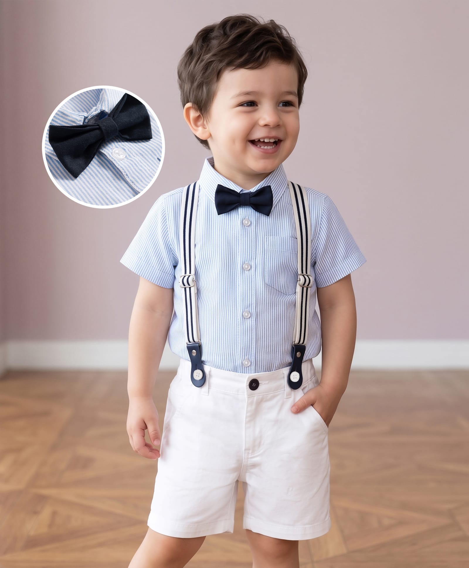 Mark & Mia Cotton Lycra Woven Half Sleeves Striped Shirt & Shorts with Bow & Suspender - Multicolor-image-40