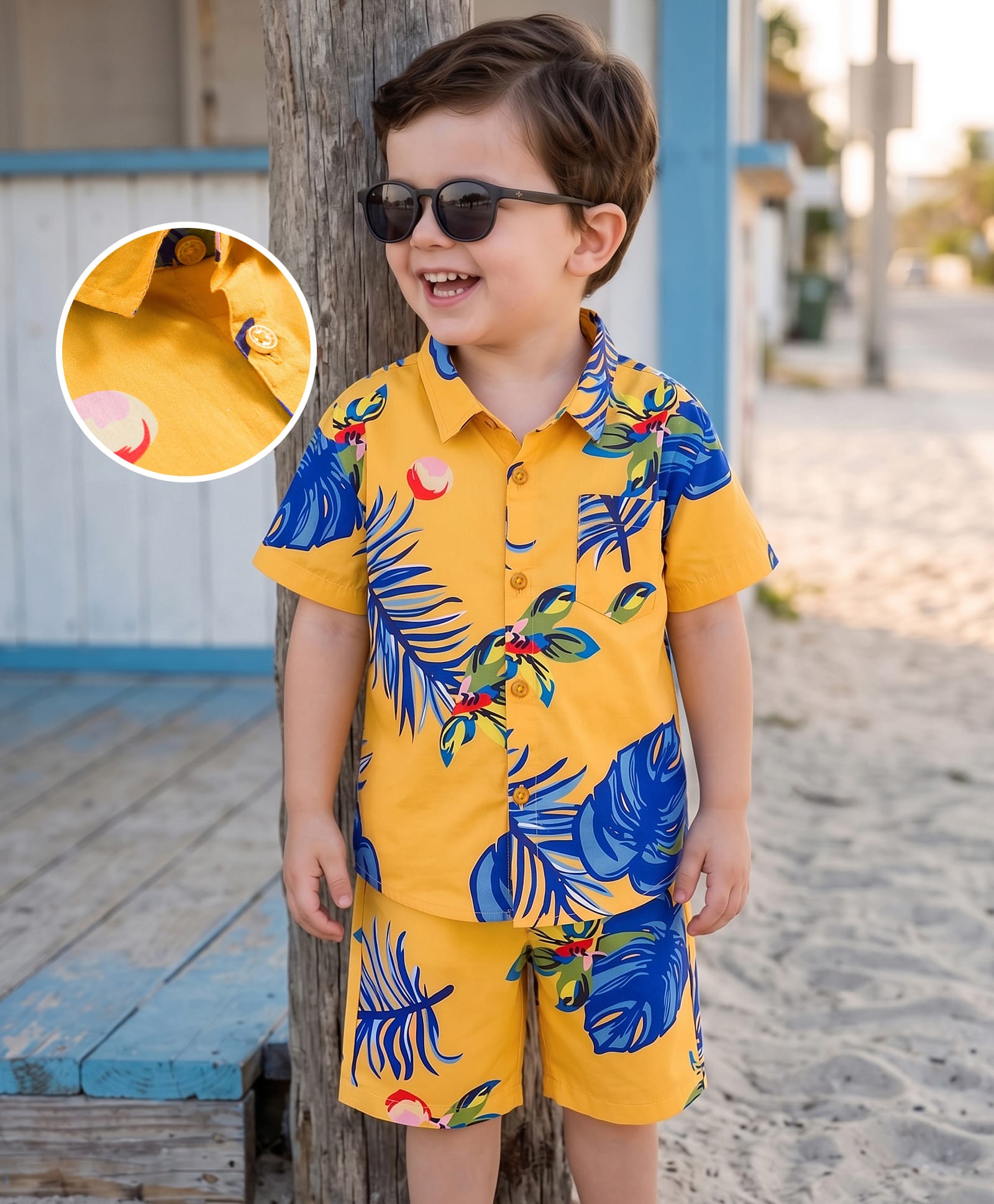 Mark & Mia Cotton Knit Half Sleeves Oversized Shirt & Jamiacan Shorts Co-ord Set With Tree Print - Mustard-image-23