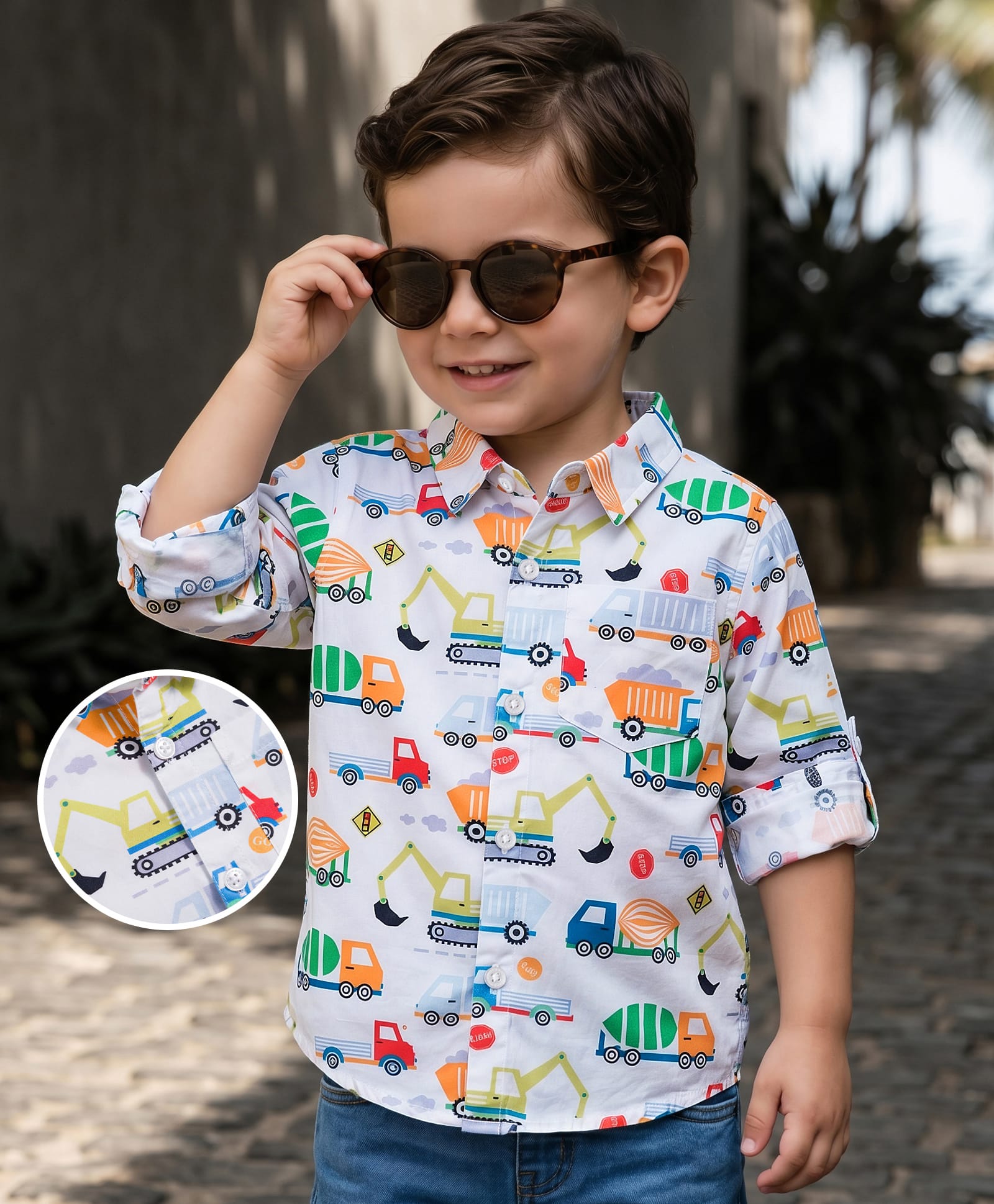 Mark & Mia Woven Full Sleeves Vehicle Printed Shirt with Pocket Detailing - White-image-37
