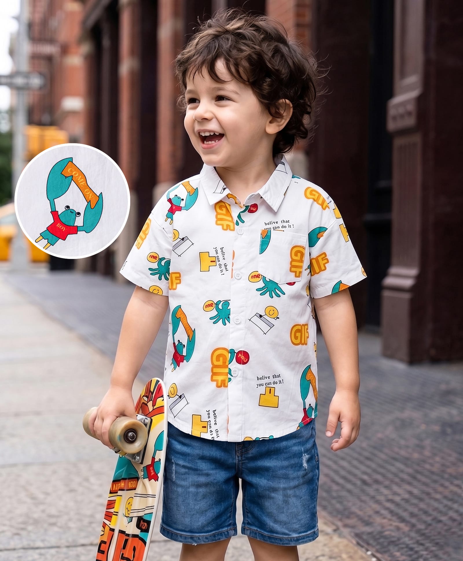 Mark & Mia Cotton Woven Half Sleeves Octopus Printed Oversize Shirt With Pocket Detailing - White-picture-11