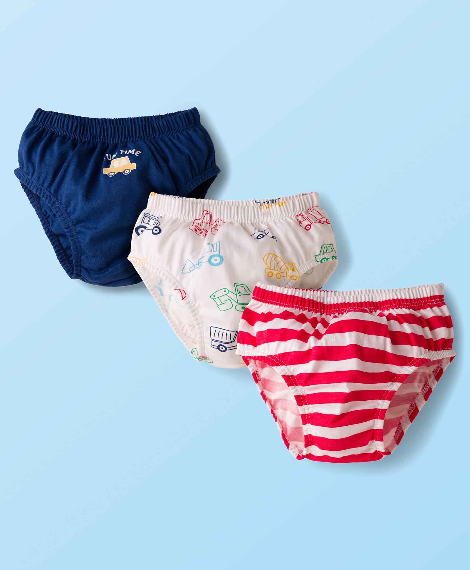 Babyhug 100% Cotton Knit Briefs with Striped & Vehicle Print Pack of 3 - Navy White & Red-image-48