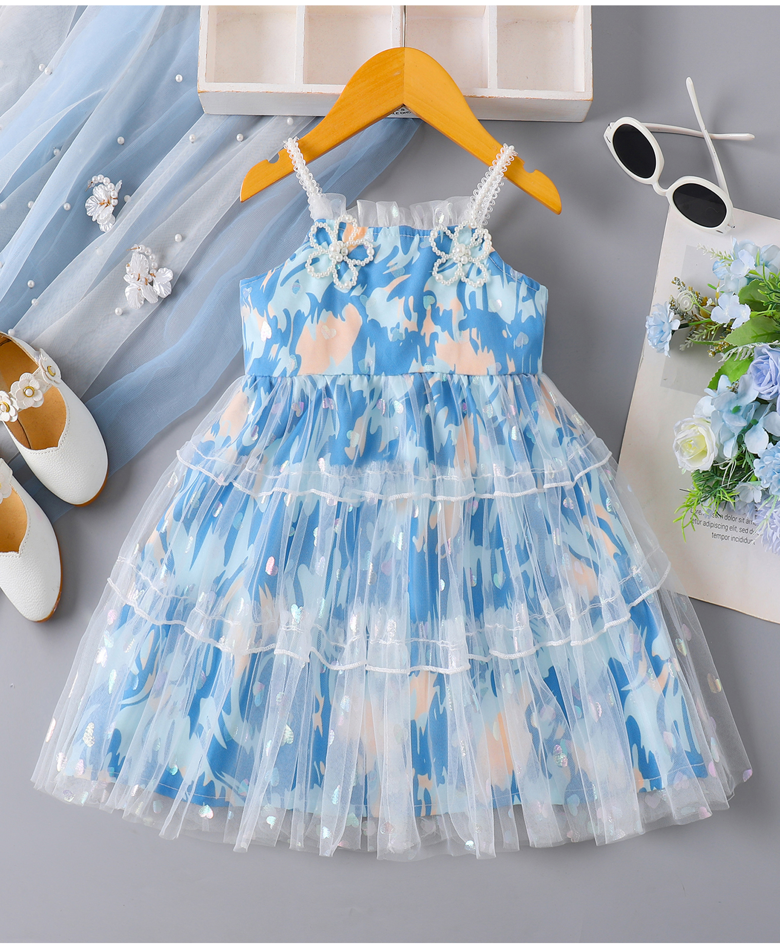 Mark & Mia Sleeveless Printed Tiered Frock with Pearl Detailing - Light Blue
