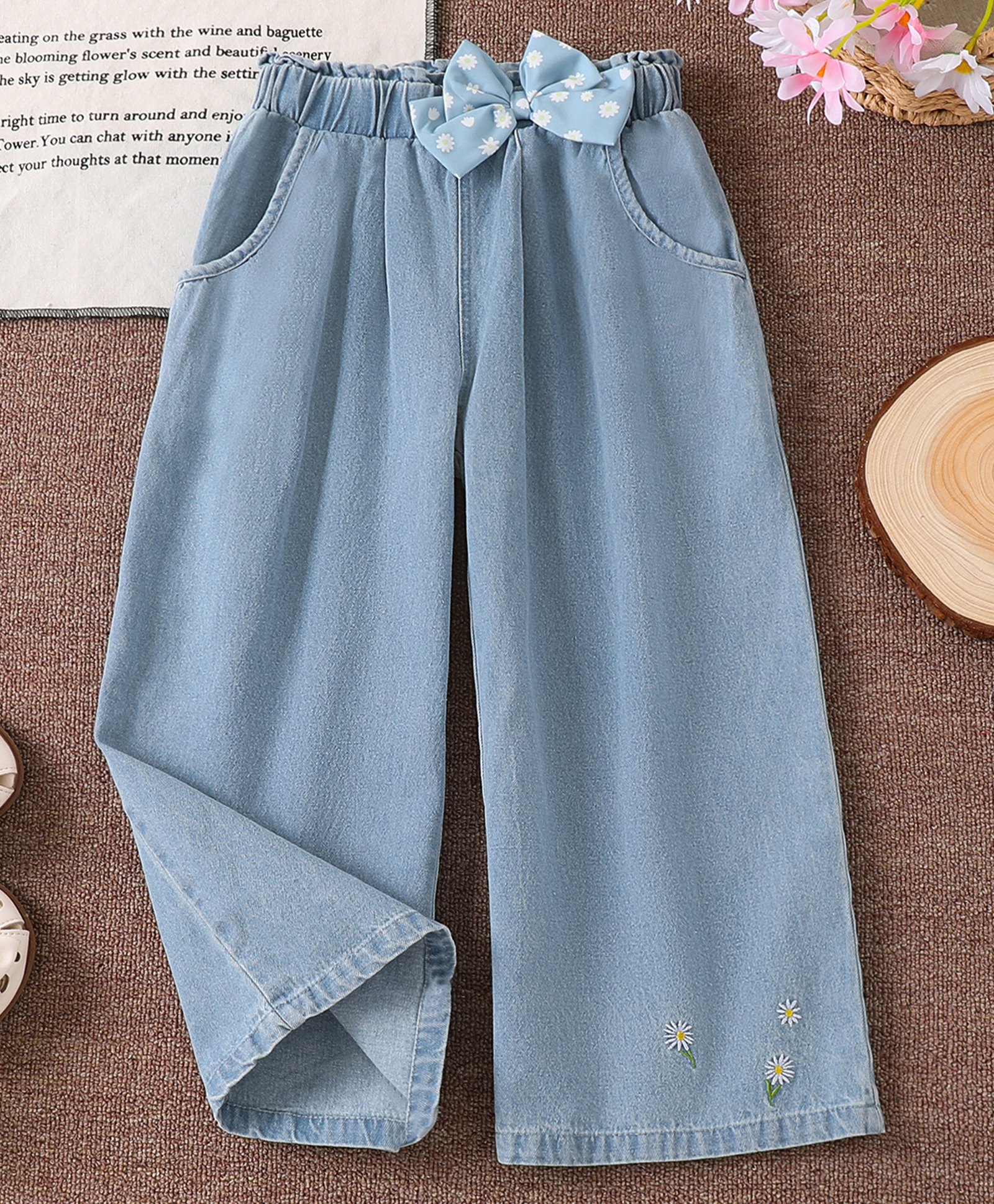 Mark & Mia Cotton Full Length Relax Fit Washed Jeans With Floral Embroidery & Bow Applique - Light Blue-picture-28