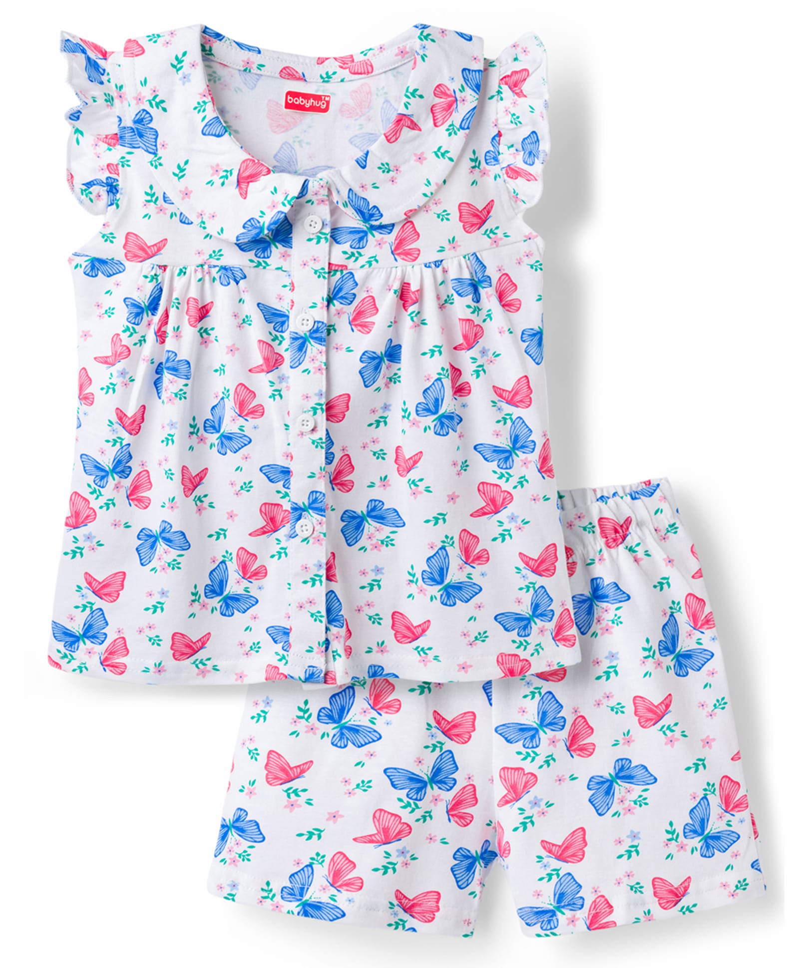 Babyhug Cotton Knit Frill Sleeves Butterfly Printed Co-Ord Peter Pan Collared Shirt & Shorts Night Suit - White-picture-37