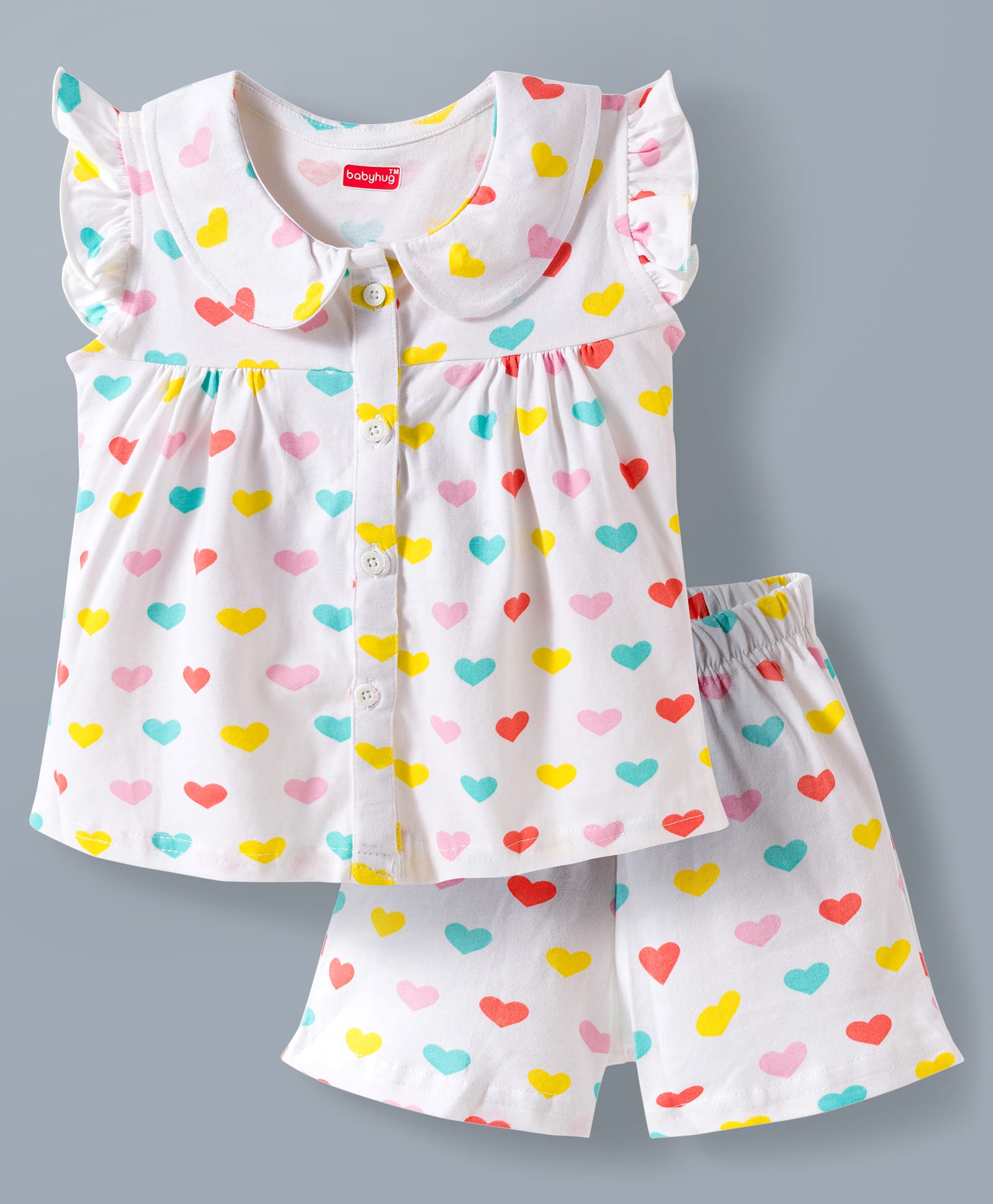 Babyhug Cotton Knit Frill Sleeves Front Open Co-ords Top & Short Night Suit with Heart Print - White