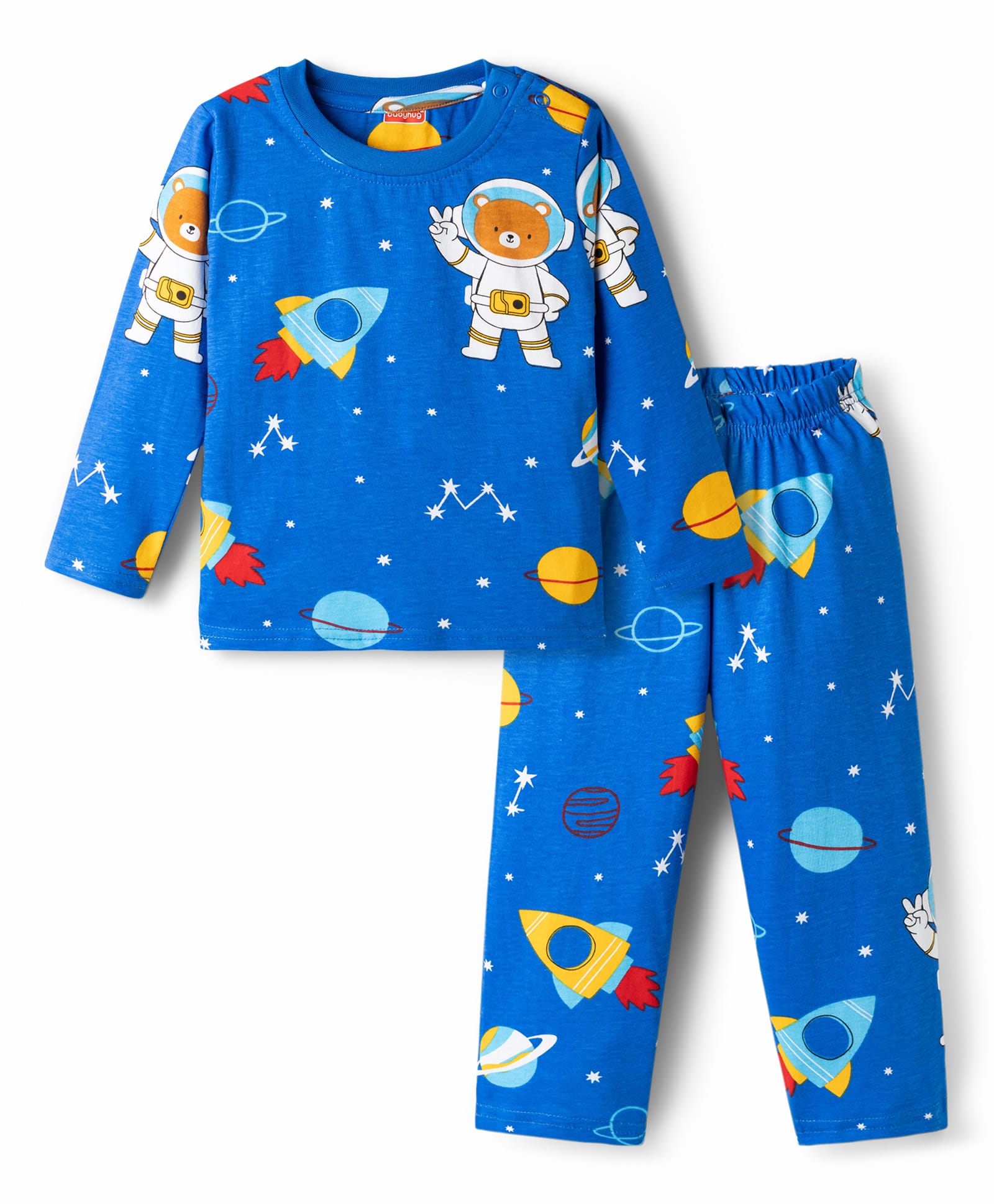 Babyhug Cotton Knit Full Sleeves Co-ords T-Shirt & Pajama Night Suit with Space Theme Print - Navy Blue-image-29