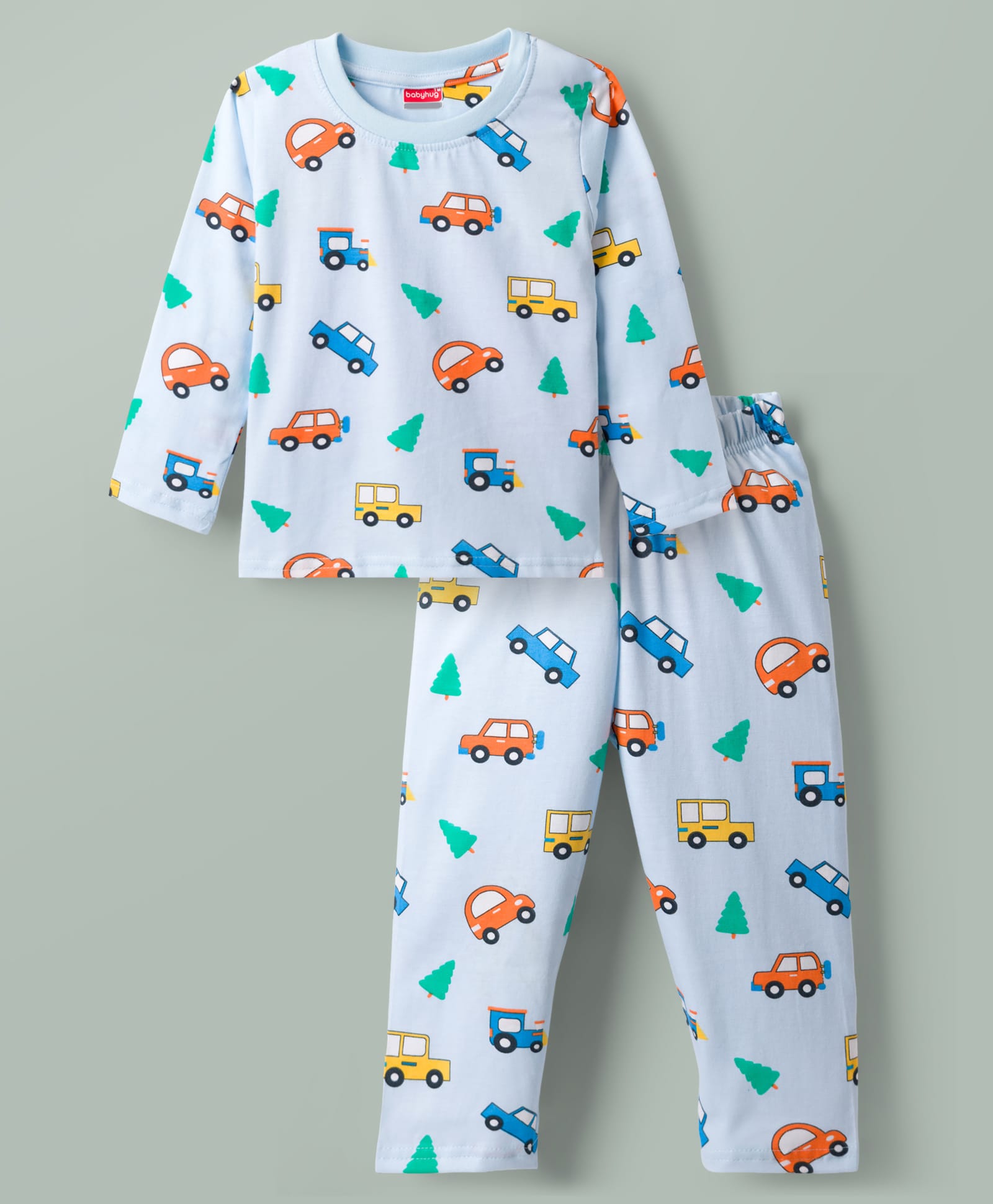 Babyhug Cotton Knit Full Sleeves Vehicles Printed Co-Ords T-Shirt & Pyjama Night Suit - Light Blue-image-13