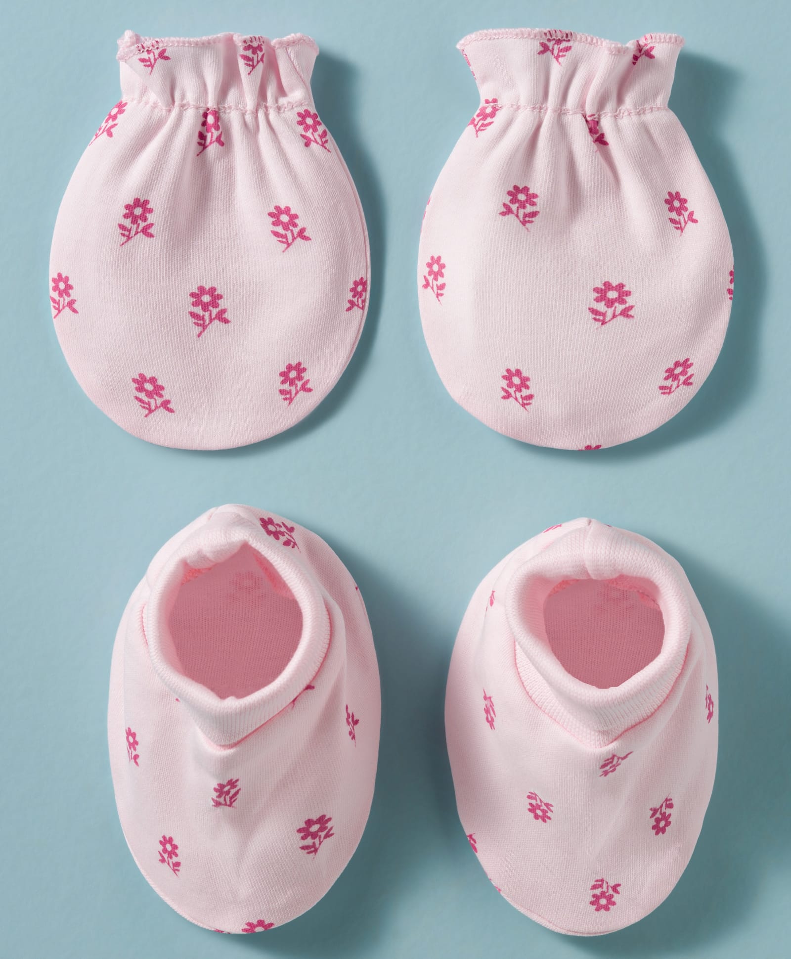 Babyhug 100% Cotton Knit Mittens & Booties With Floral Print - Pink-image-49