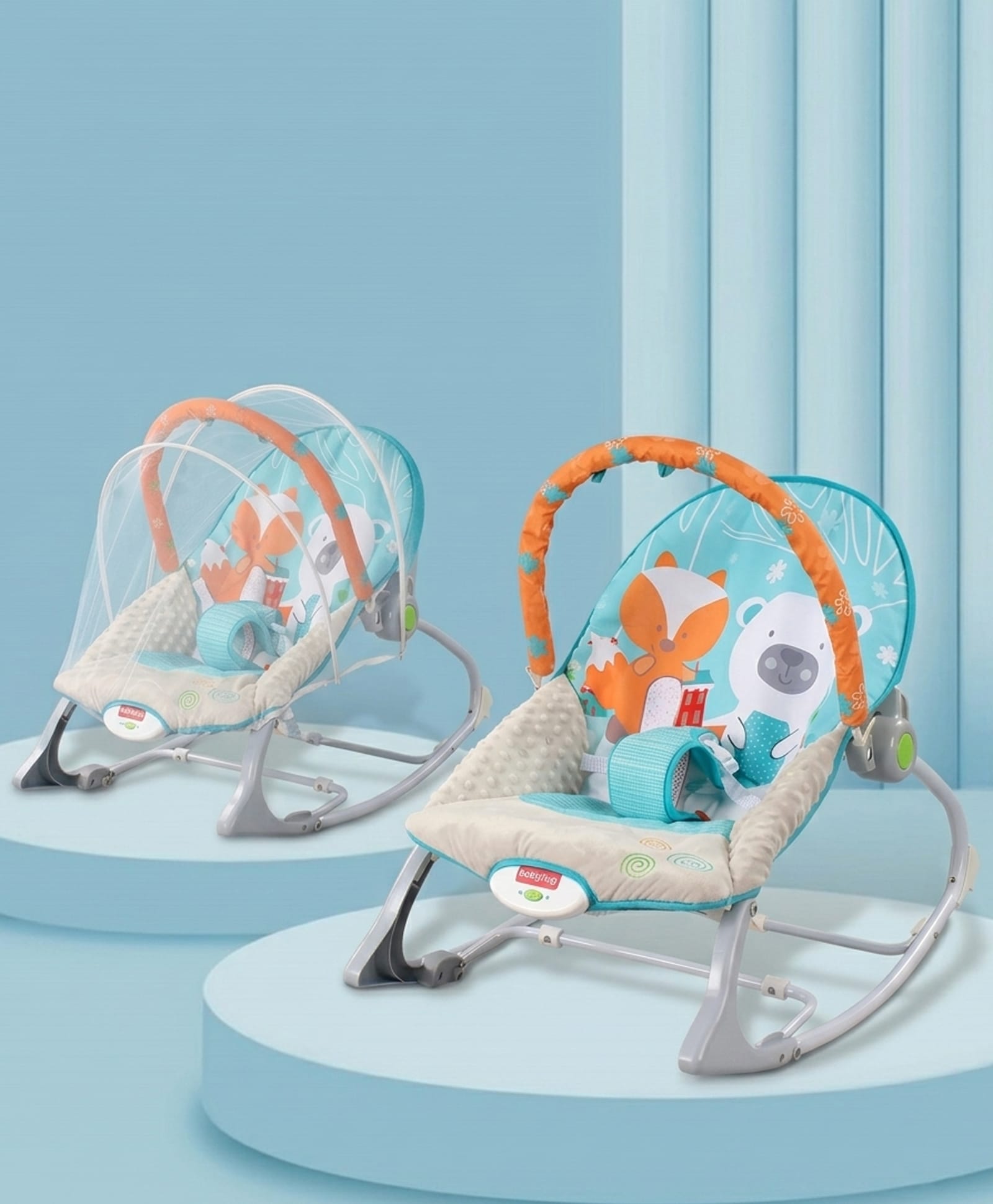 Babyhug SE 2-in-1 Rockers & Reclining Chair with Calming Vibration| Adjustable Recline| Safety Harness| Removable & Washable Fabric| Foldout Stand for Stable Position| Compact Fold - Sky-image-1