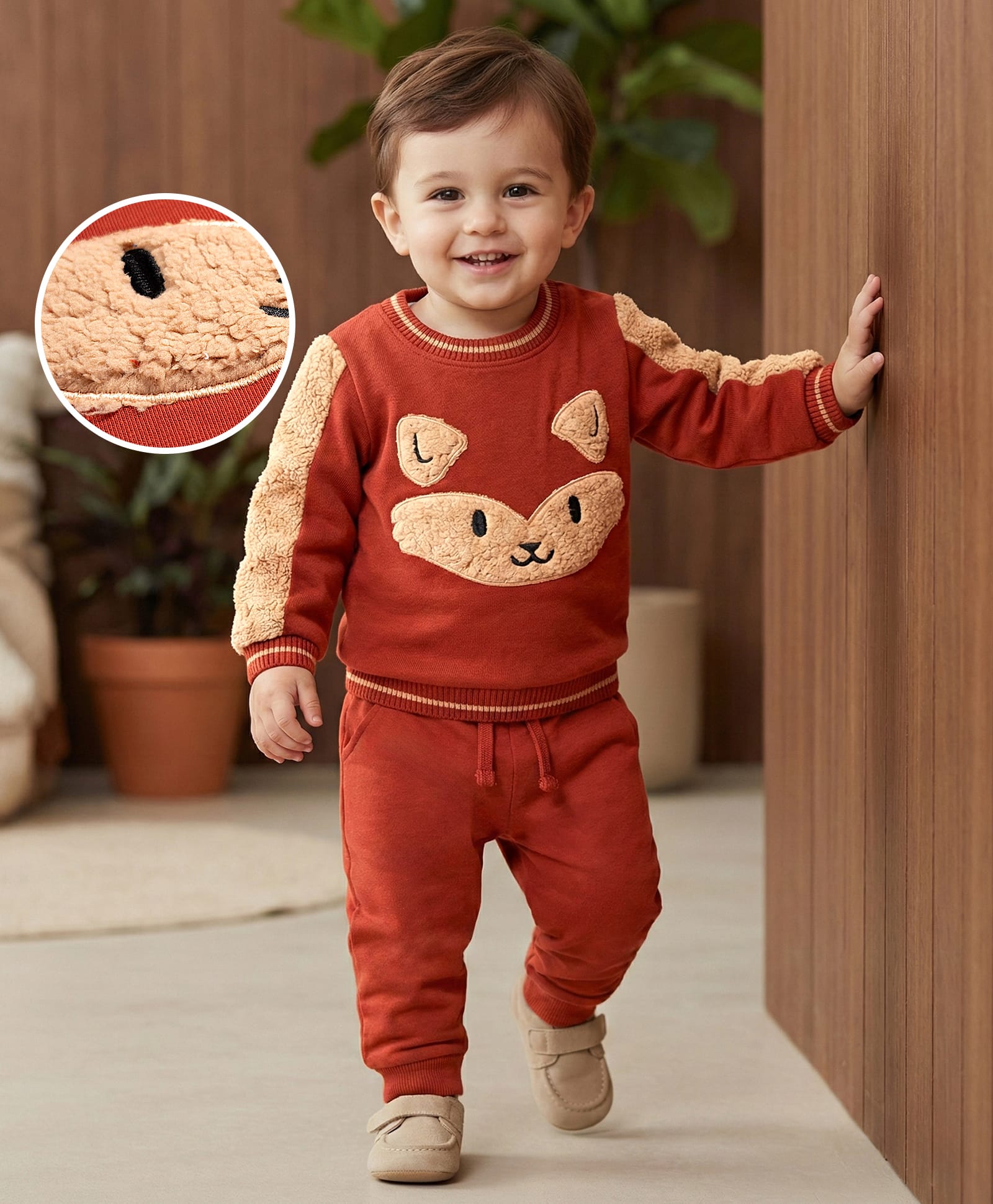 Babyoye 100% Cotton Knit Full Sleeves Sweatshirt & Lounge Pant Set With Fox & Embroidery - Brown