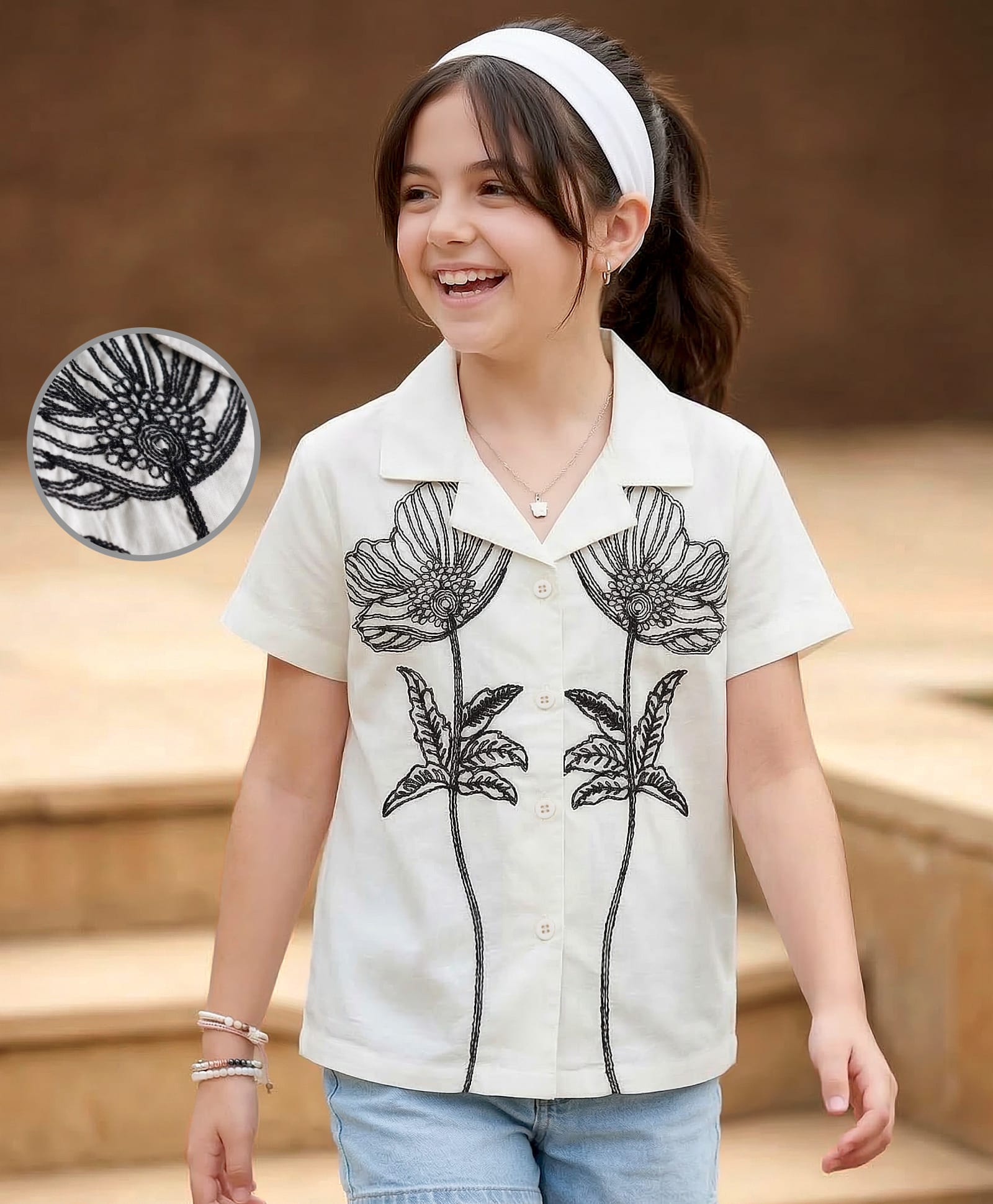 Pine Kids 100% Cotton Woven Half Sleeves Floral Embroidered Top - White-image-25