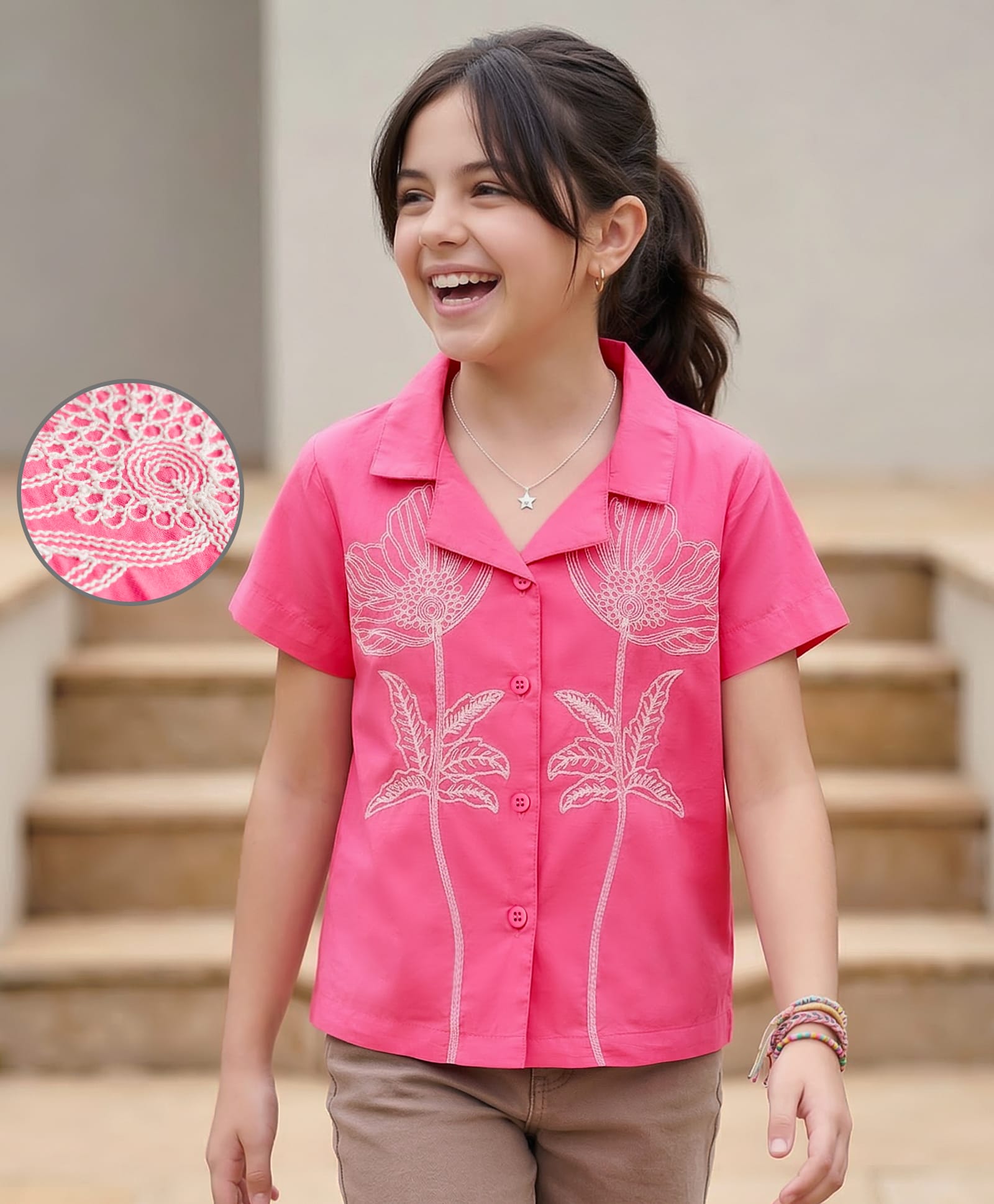 Pine Kids 100% Cotton Woven Half Sleeves Floral Embroidered Top - Pink-image-6