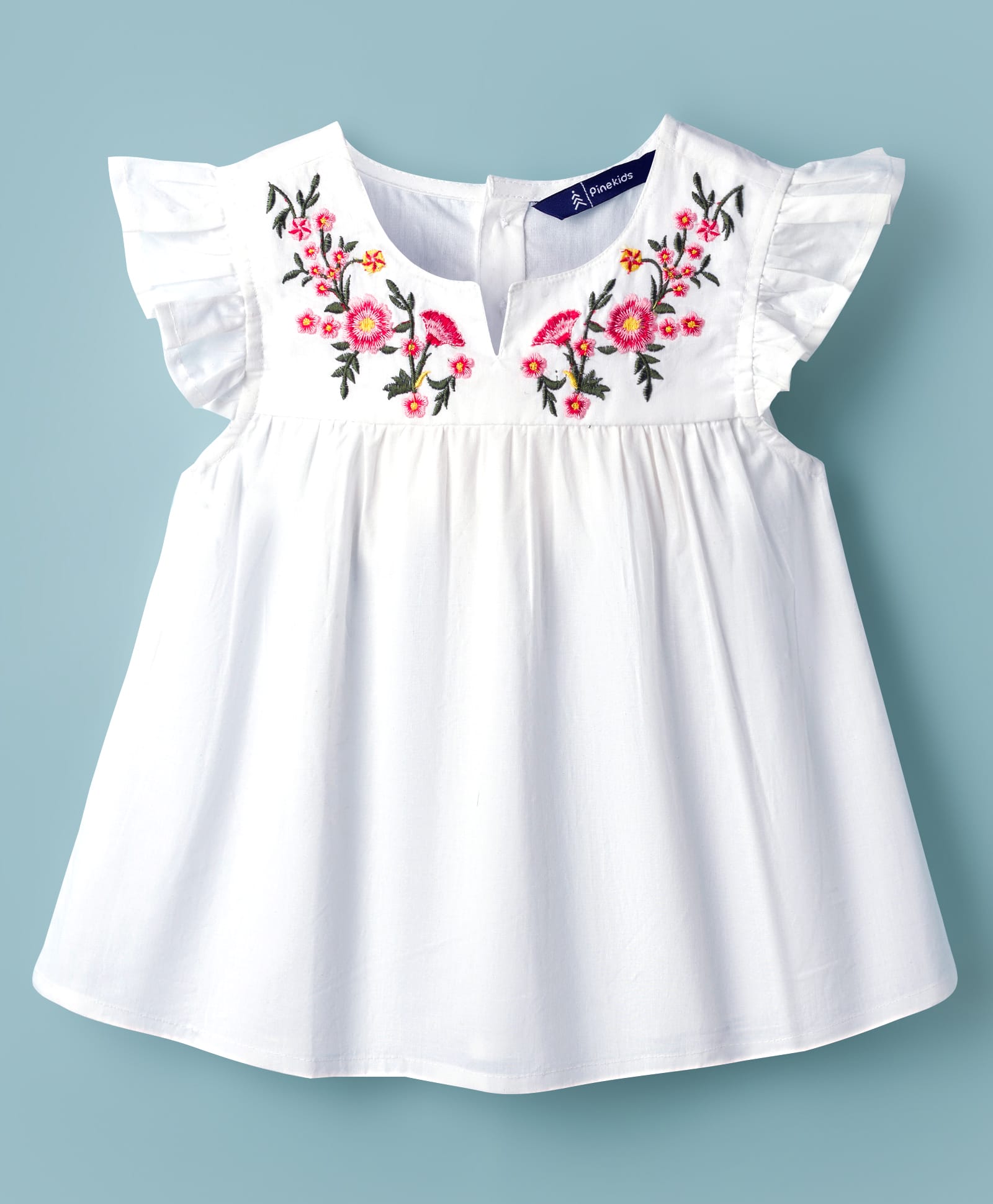 Pine Kids 100% Cotton Woven Frill Sleeves Floral Embroidered Top - White