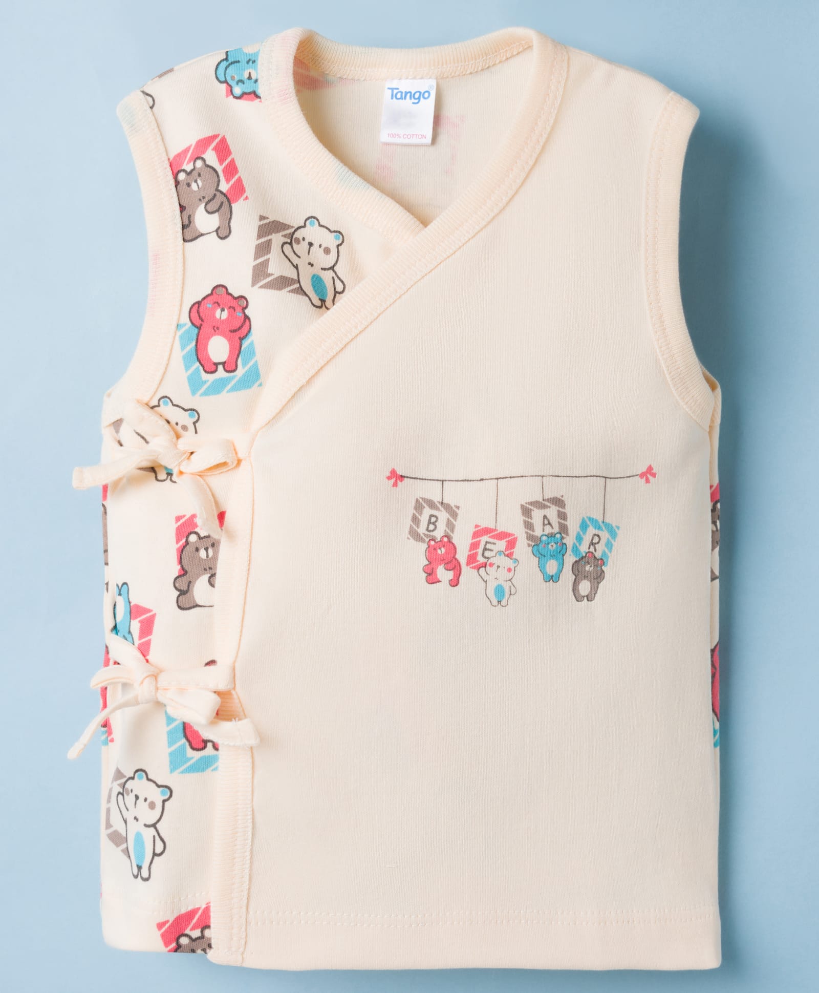 tango interlock knit sleeveless bear printed jhabla - cream