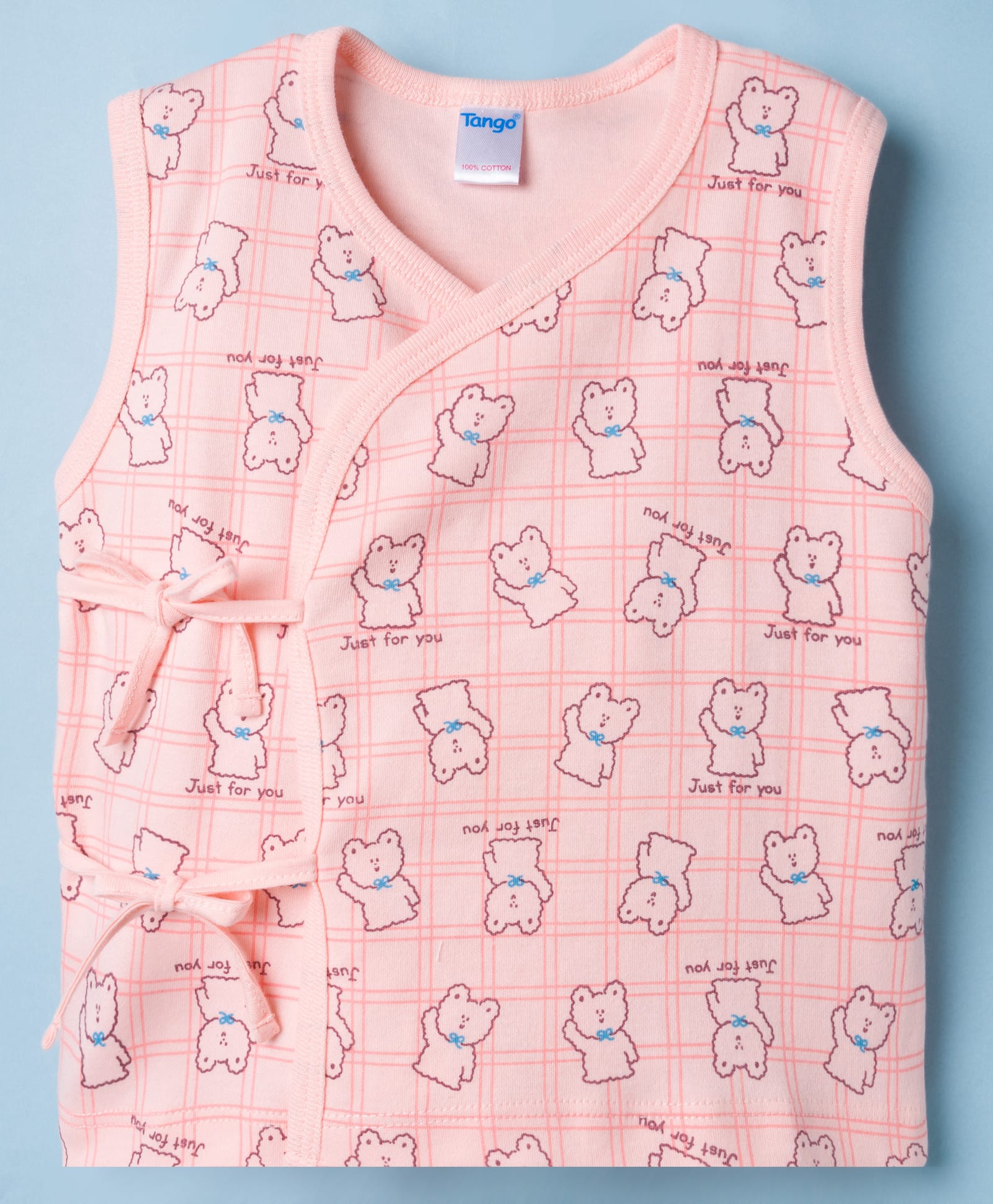 Tango Interlock Knit Sleeveless Bear & Checks Printed Jhabla - Peach-image-41