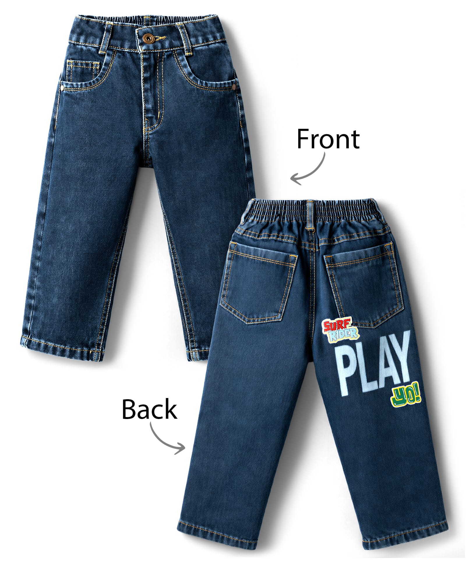 Little Kangaroos Woven Full Length Washed Denim Jeans with Text Print - Navy Blue-image-24