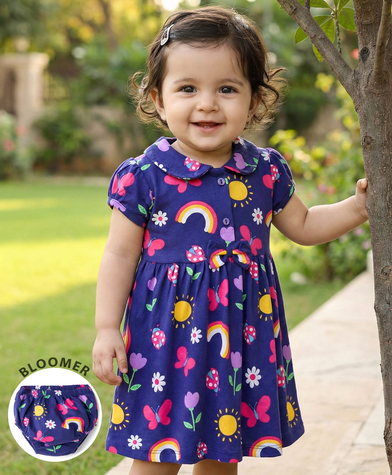 Babyhug 100% Cotton Knit Half Sleeves Floral Butterfly & Rainbow Printed Frock With Bloomer - Navy Blue-image-4